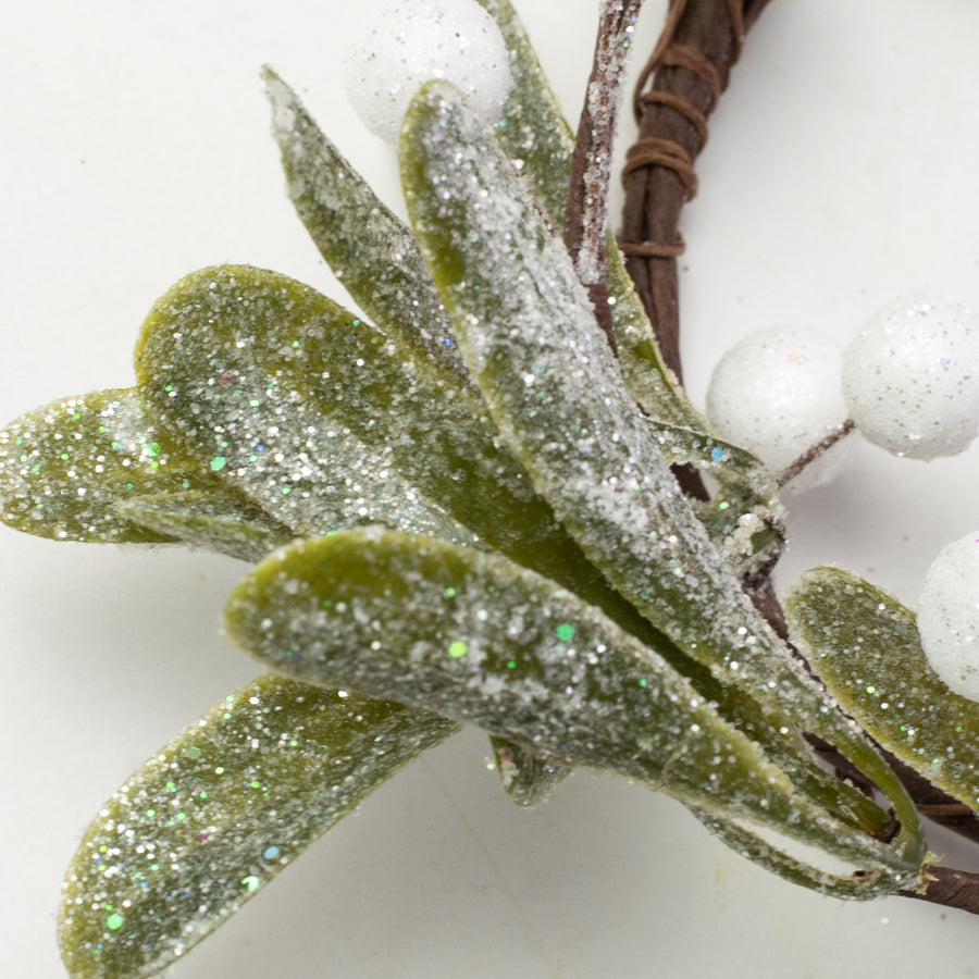 3.5" Snowy Glittered Mistletoe Candle Ring detail photo 3