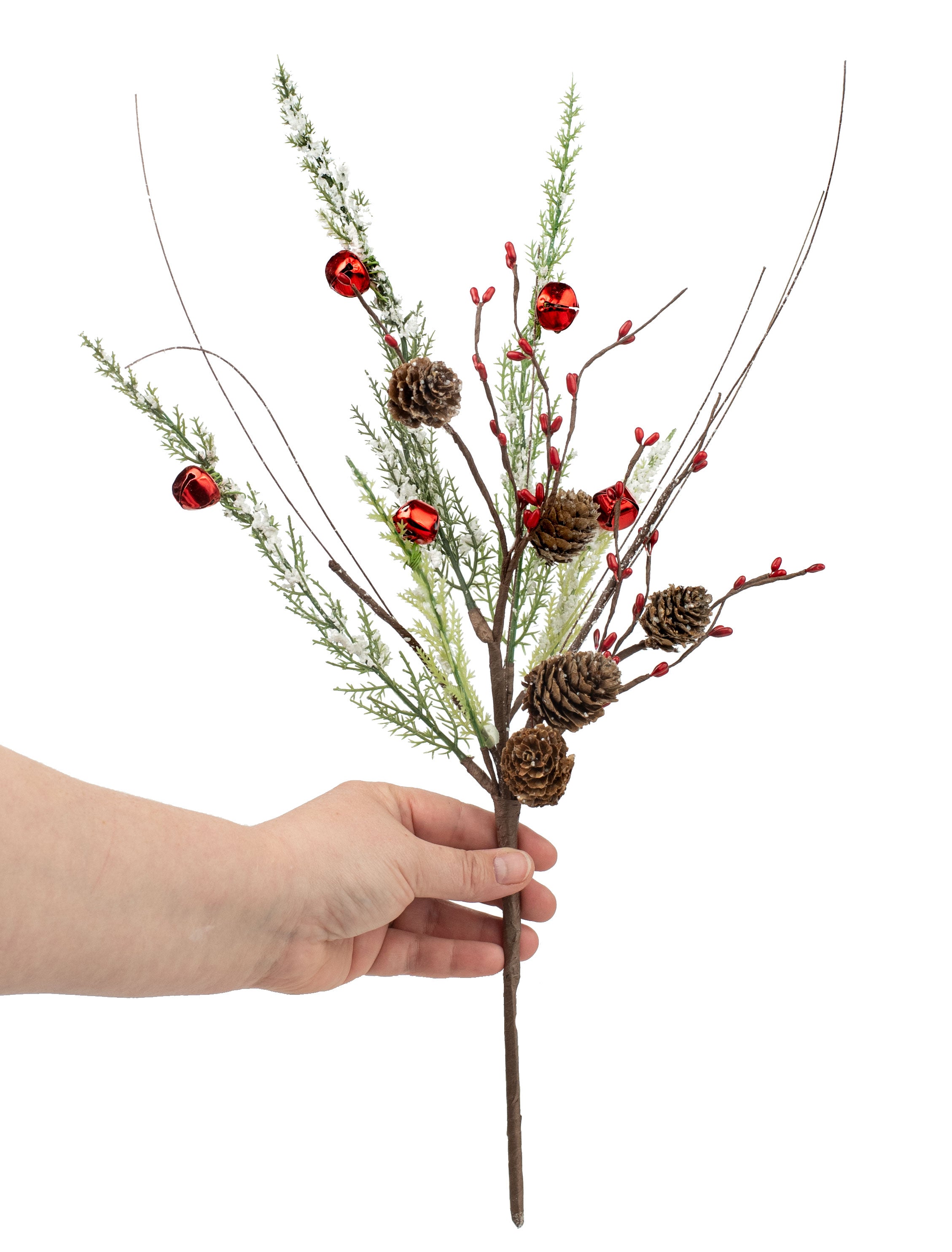 20" Snowy Pine Jingle Bell Spray: Red detail photo 3