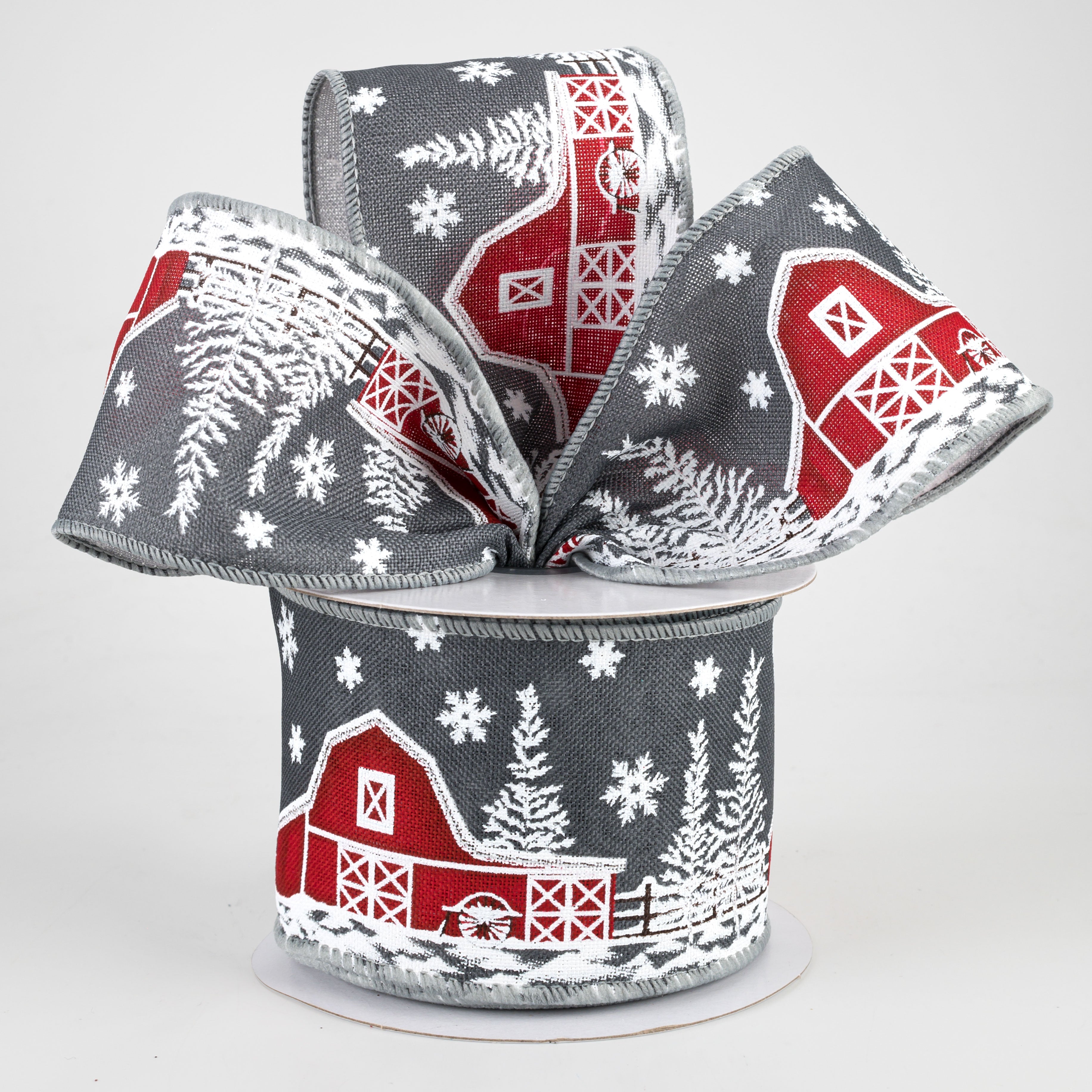 2.5" Snowy Red Barn Ribbon: Grey (10 Yards) Lifestyle Photo