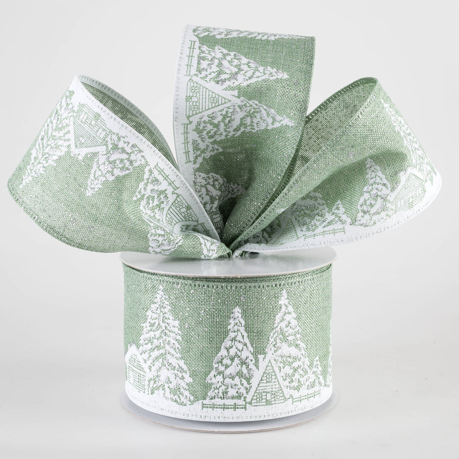 2.5" Snowy Winter Wonderland Glittered Ribbon: Sage Green (10 Yards) Lifestyle Photo