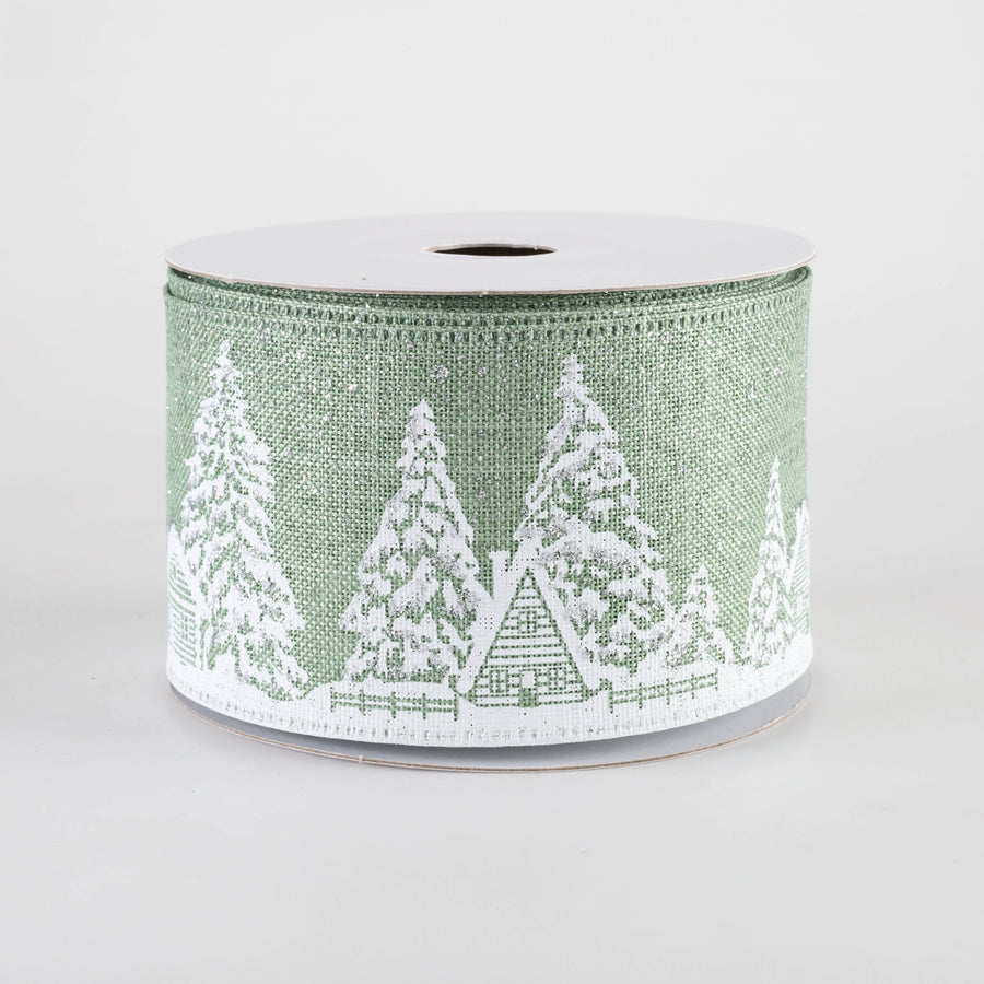 2.5" Snowy Winter Wonderland Glittered Ribbon: Sage Green (10 Yards) Item Number: 76436-40-06