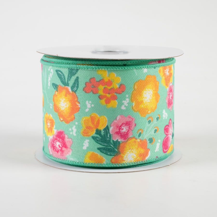 2.5" Soft Florals Ribbon: Mint Green (10 Yards)