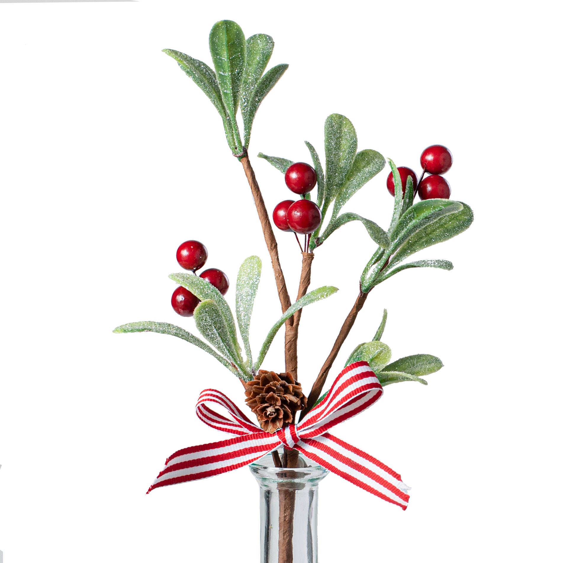 12" Sparkled Mistletoe with Red Berry Accent Pick Item Number: 30330