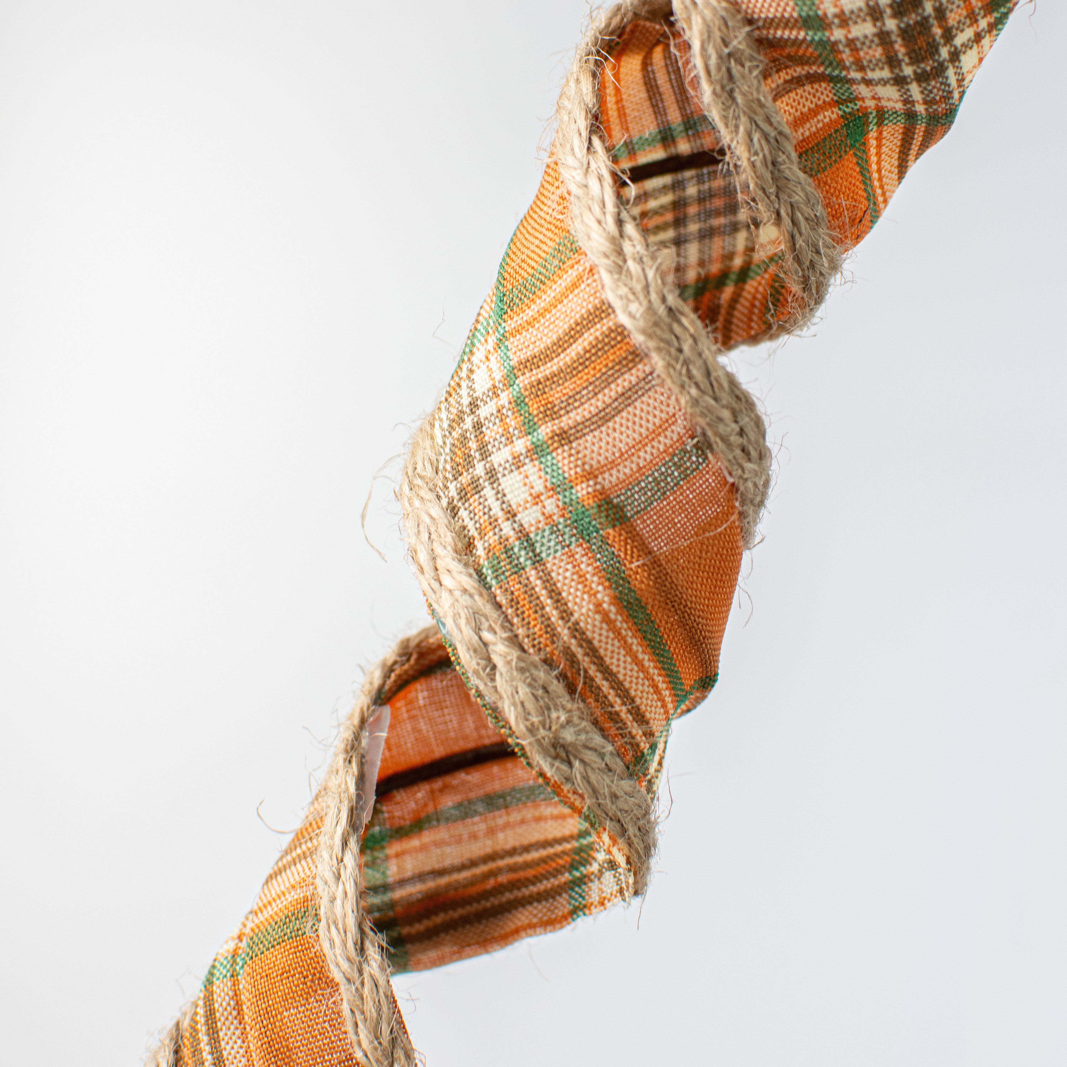 30" Spiral Scarecrow Plaid Fabric Jute Trim Spray: Orange, Brown, Cream, Green Lifestyle Photo