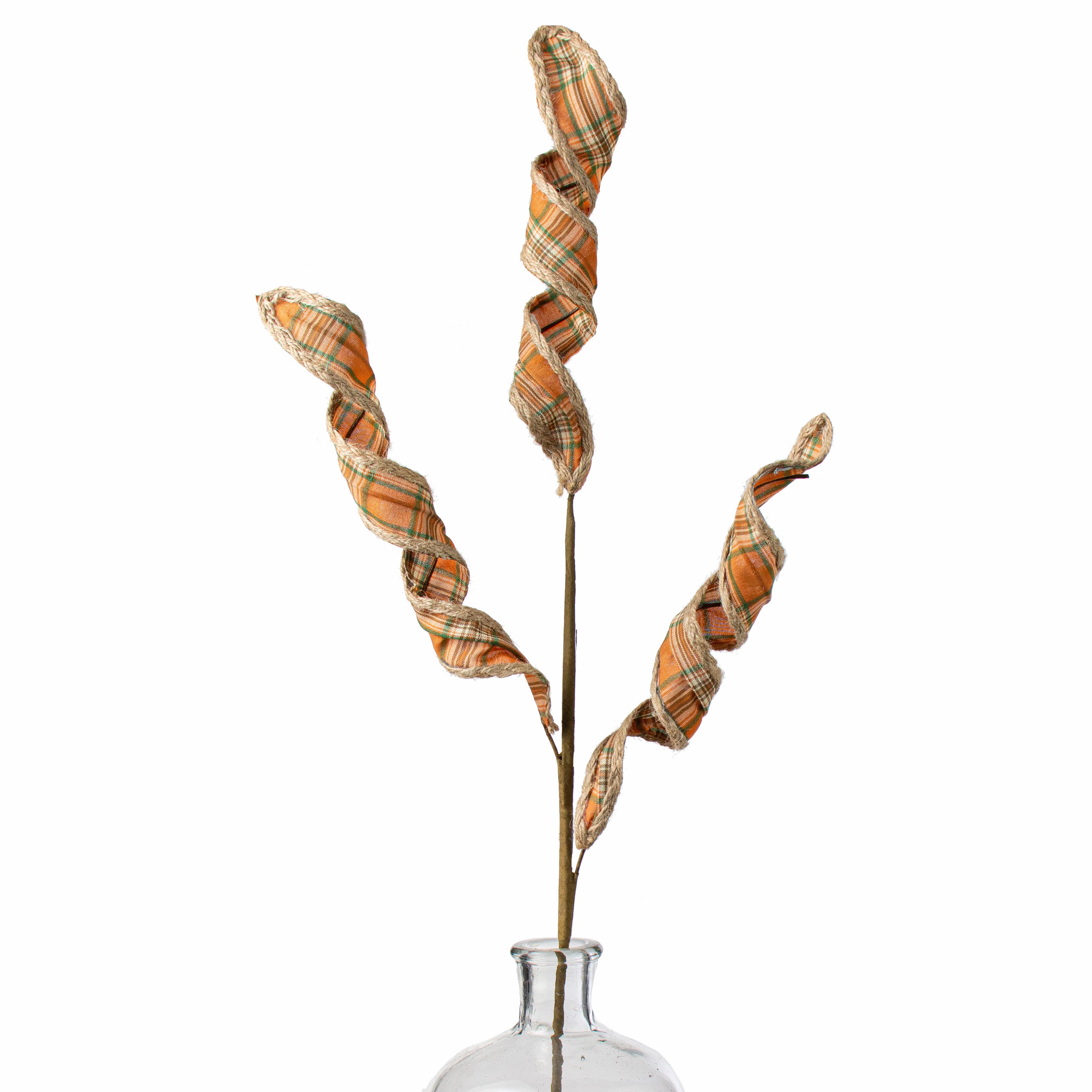 30" Spiral Scarecrow Plaid Fabric Jute Trim Spray: Orange, Brown, Cream, Green Item Number: MN0204