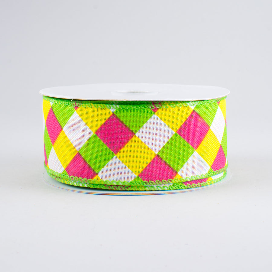 1.5" Spring Gingham Plaid Ribbon: Lime, Fuchsia, Yellow (10 Yards)