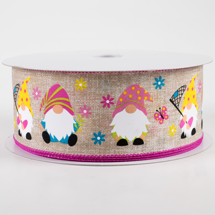 2.5" Spring Gnomes Print Linen Ribbon: Natural (50 Yards) Item Number: 841-40-324