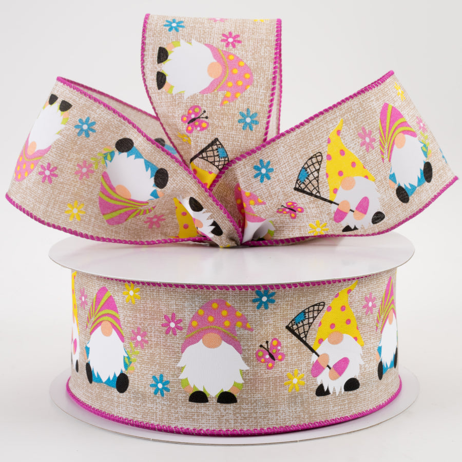 2.5" Spring Gnomes Print Linen Ribbon: Natural (50 Yards) Lifestyle Photo