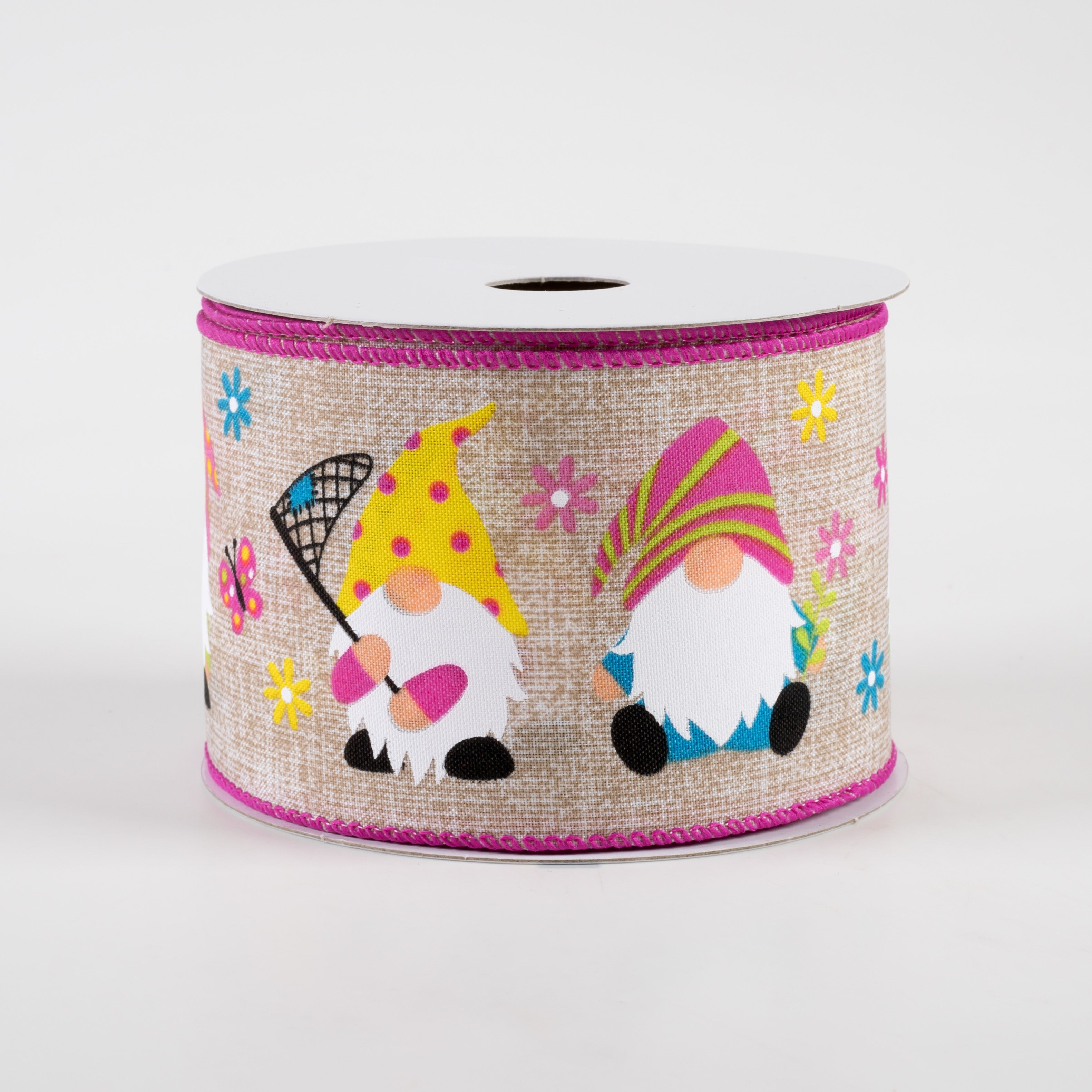 2.5" Spring Gnomes Print Linen Ribbon: Natural (10 Yards) Item Number: 41339-40-01