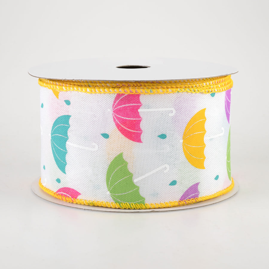 2.5" Spring Umbrellas Ribbon: White (10 Yards)