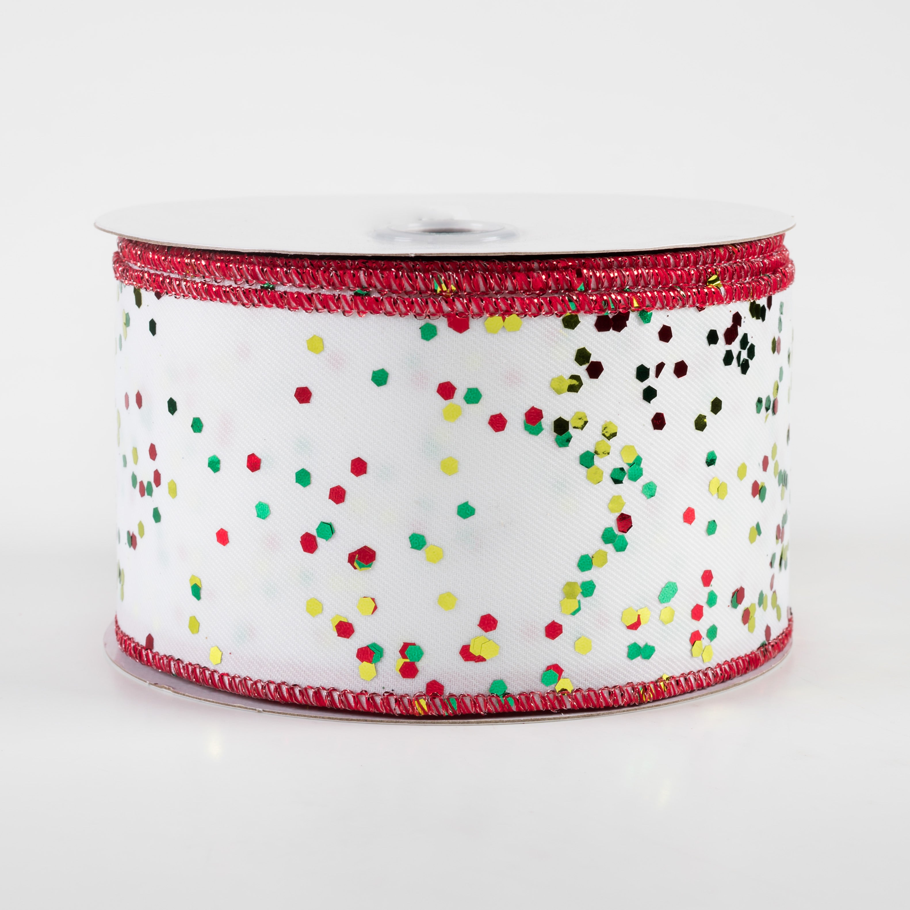 2.5" Sprinkled Hex Glitter Ribbon: Christmas on White (10 Yards)