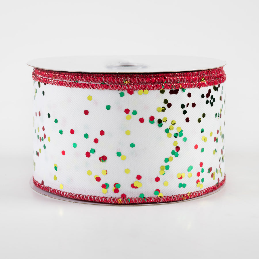 2.5" Sprinkled Hex Glitter Ribbon: Christmas on White (10 Yards)