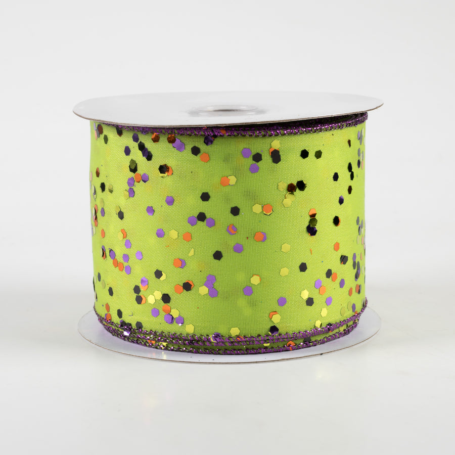 2.5" Sprinkled Hex Glitter Ribbon: Halloween on Lime (10 Yards)