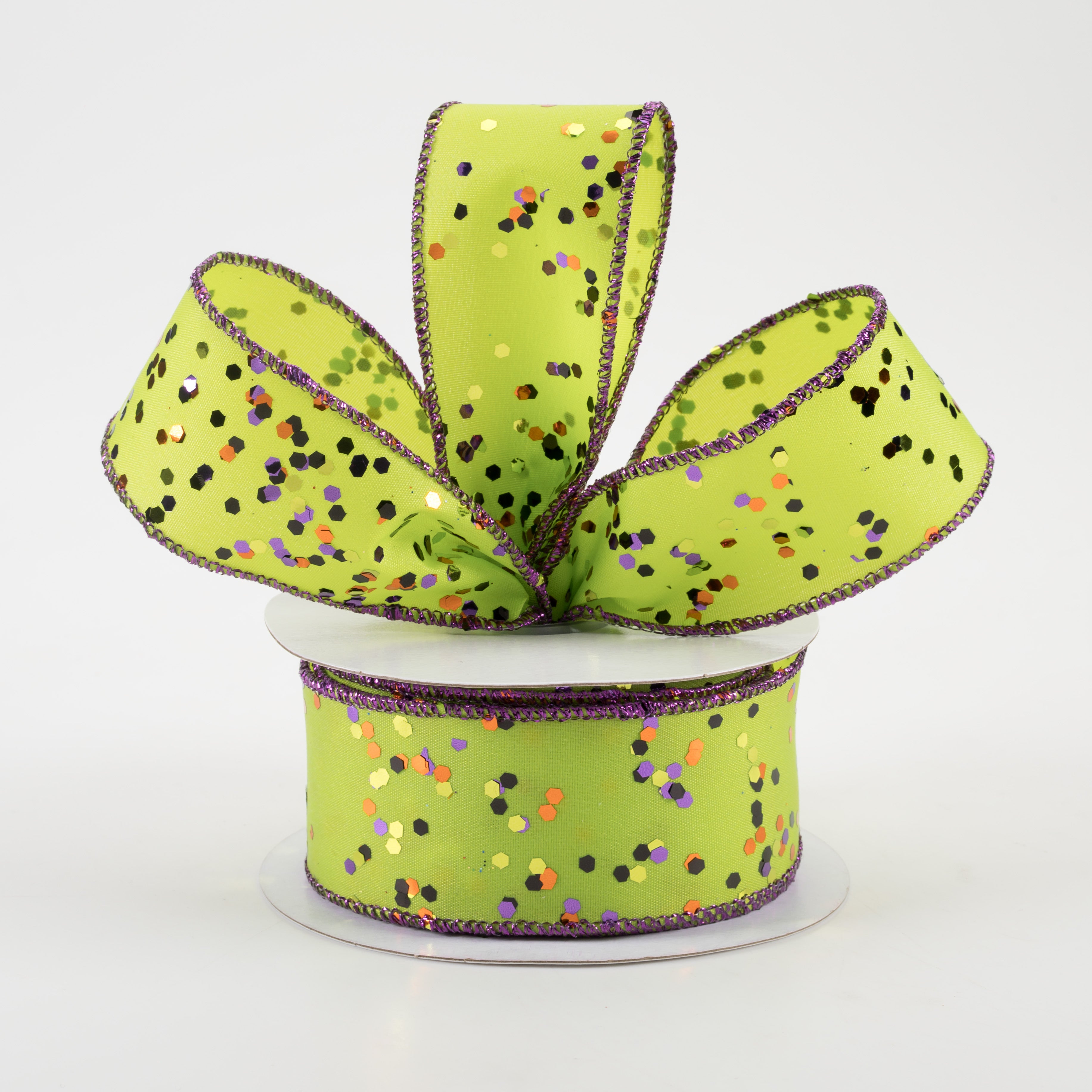1.5" Sprinkled Hex Glitter Ribbon: Halloween on Lime (10 Yards) Lifestyle Photo
