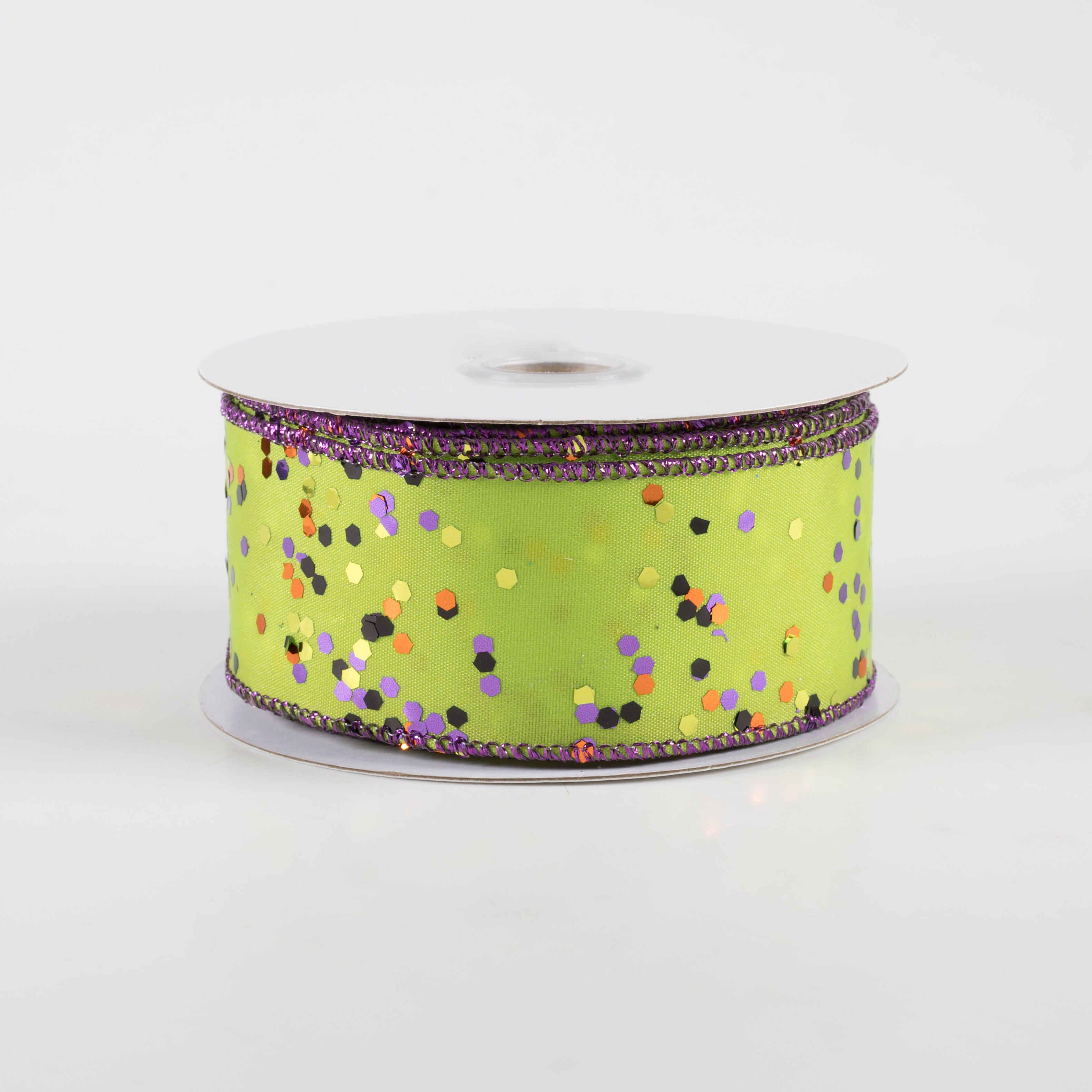 1.5" Sprinkled Hex Glitter Ribbon: Halloween on Lime (10 Yards)