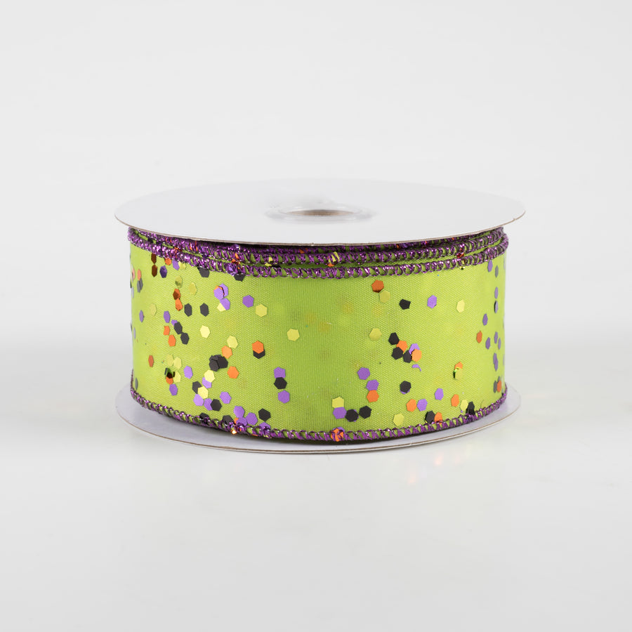 1.5" Sprinkled Hex Glitter Ribbon: Halloween on Lime (10 Yards)