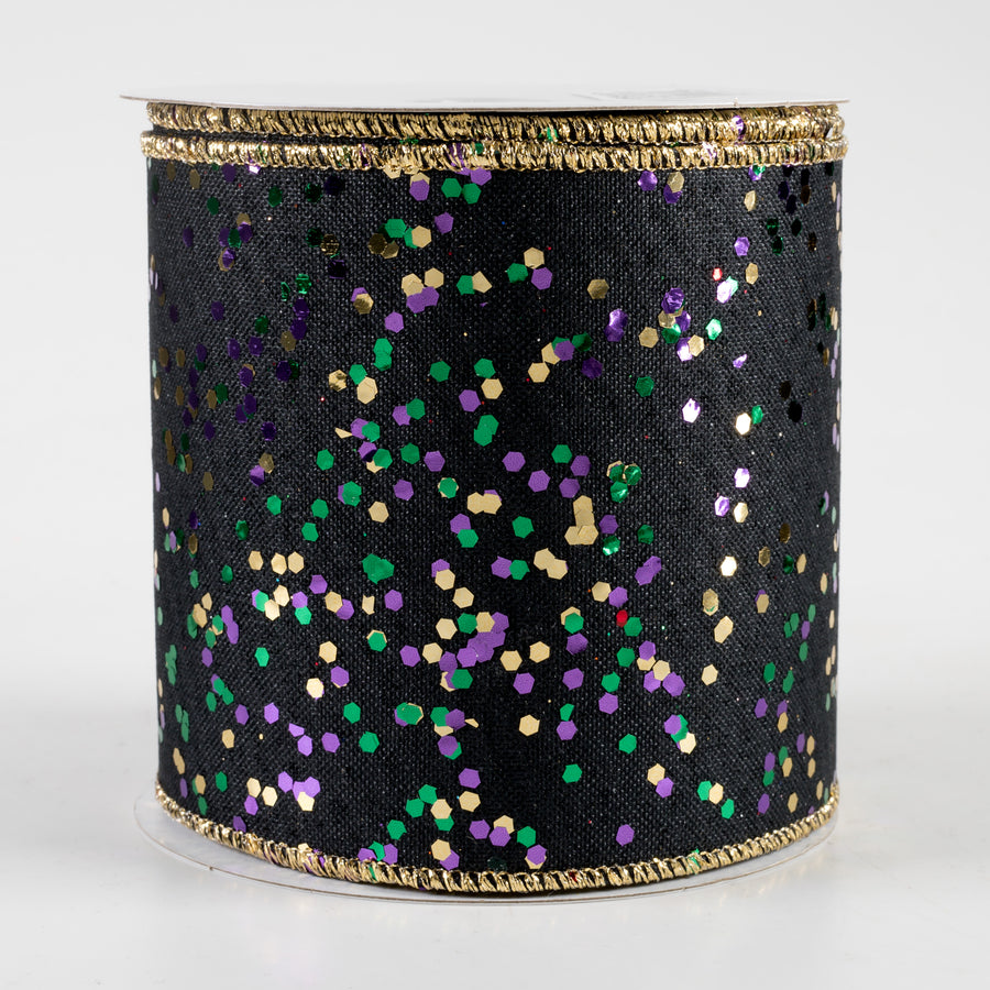 4" Sprinkled Hex Glitter Ribbon: Mardi Gras on Black (10 Yards)