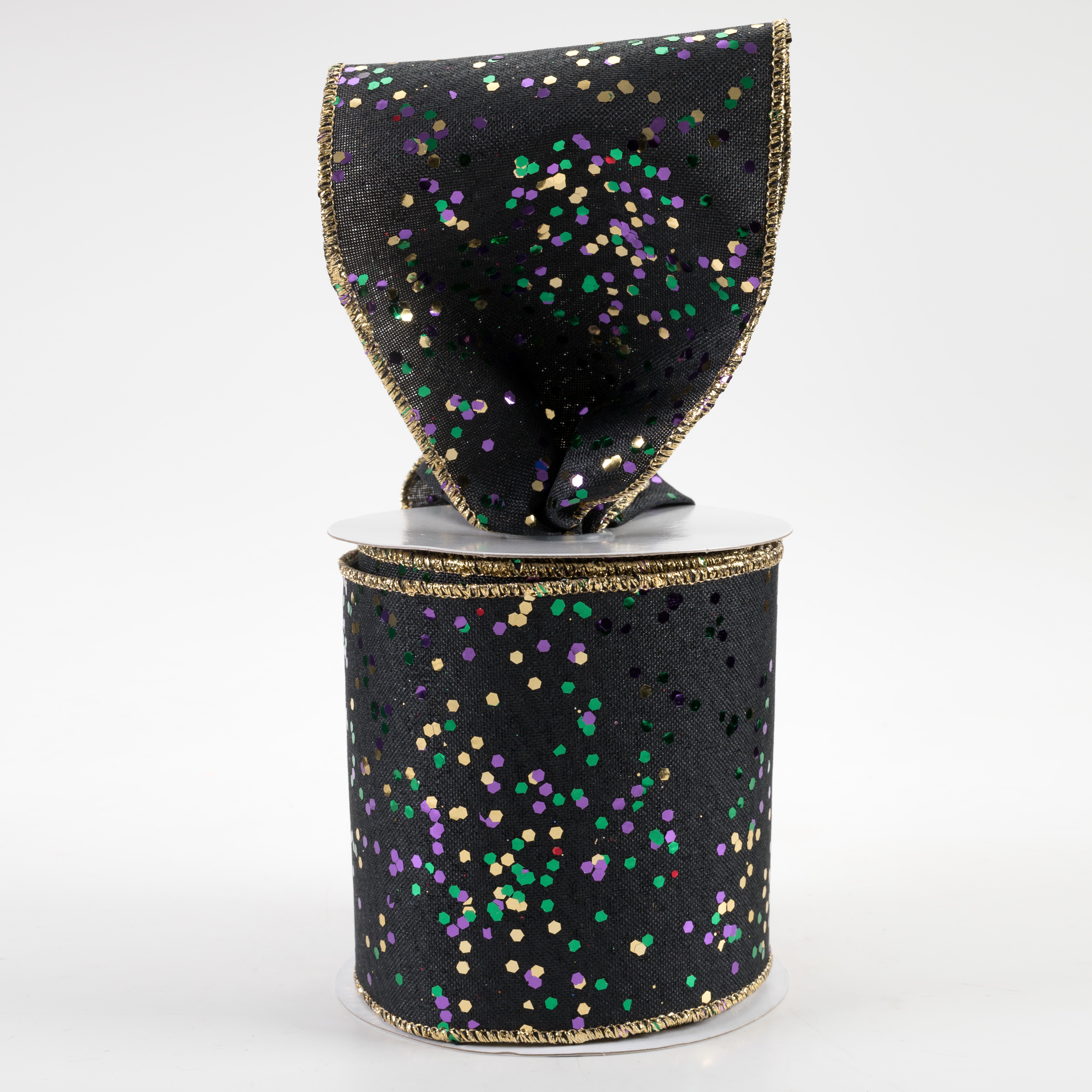 4" Sprinkled Hex Glitter Ribbon: Mardi Gras on Black (10 Yards) Lifestyle Photo