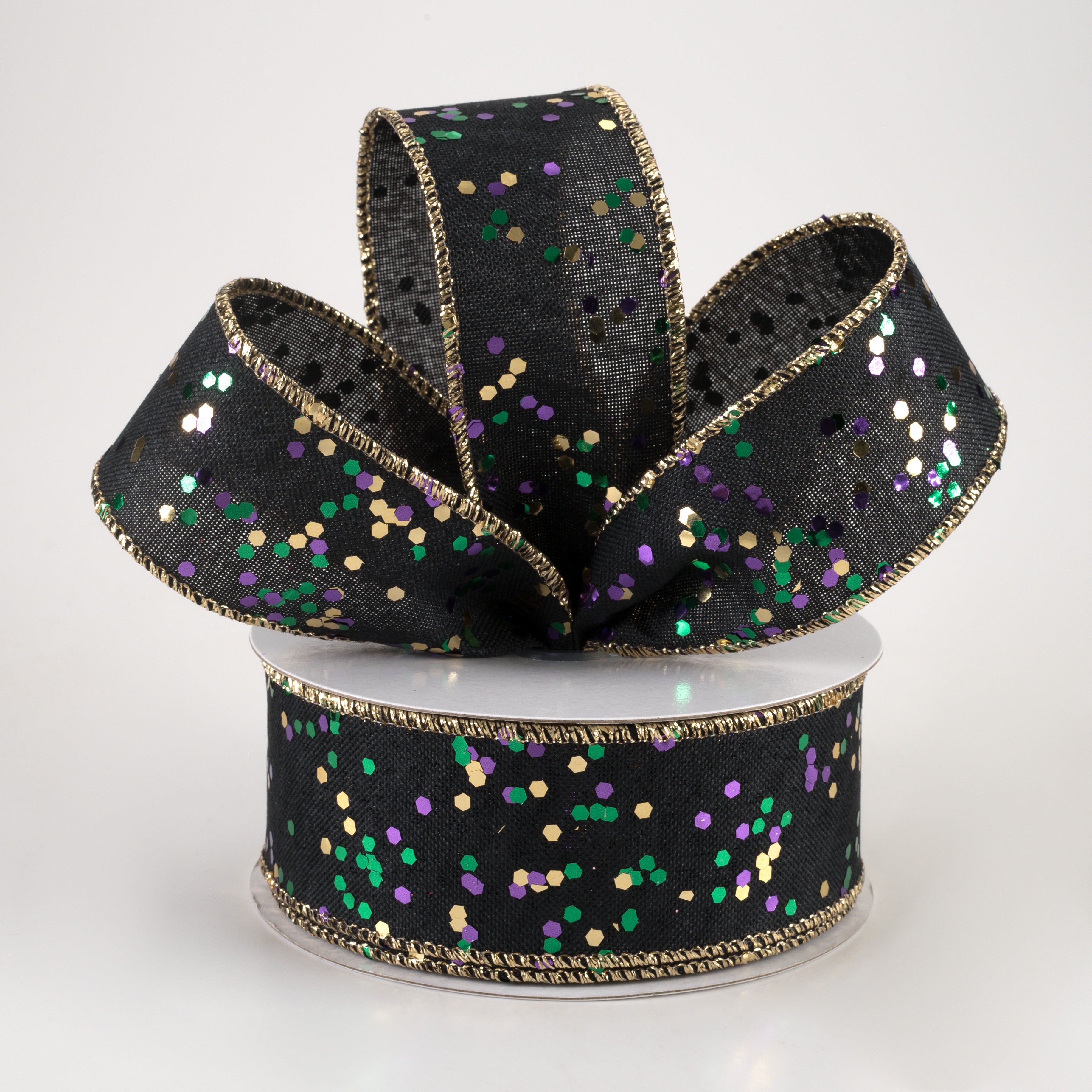 1.5" Sprinkled Hex Glitter Ribbon: Mardi Gras on Black (10 Yards) Lifestyle Photo