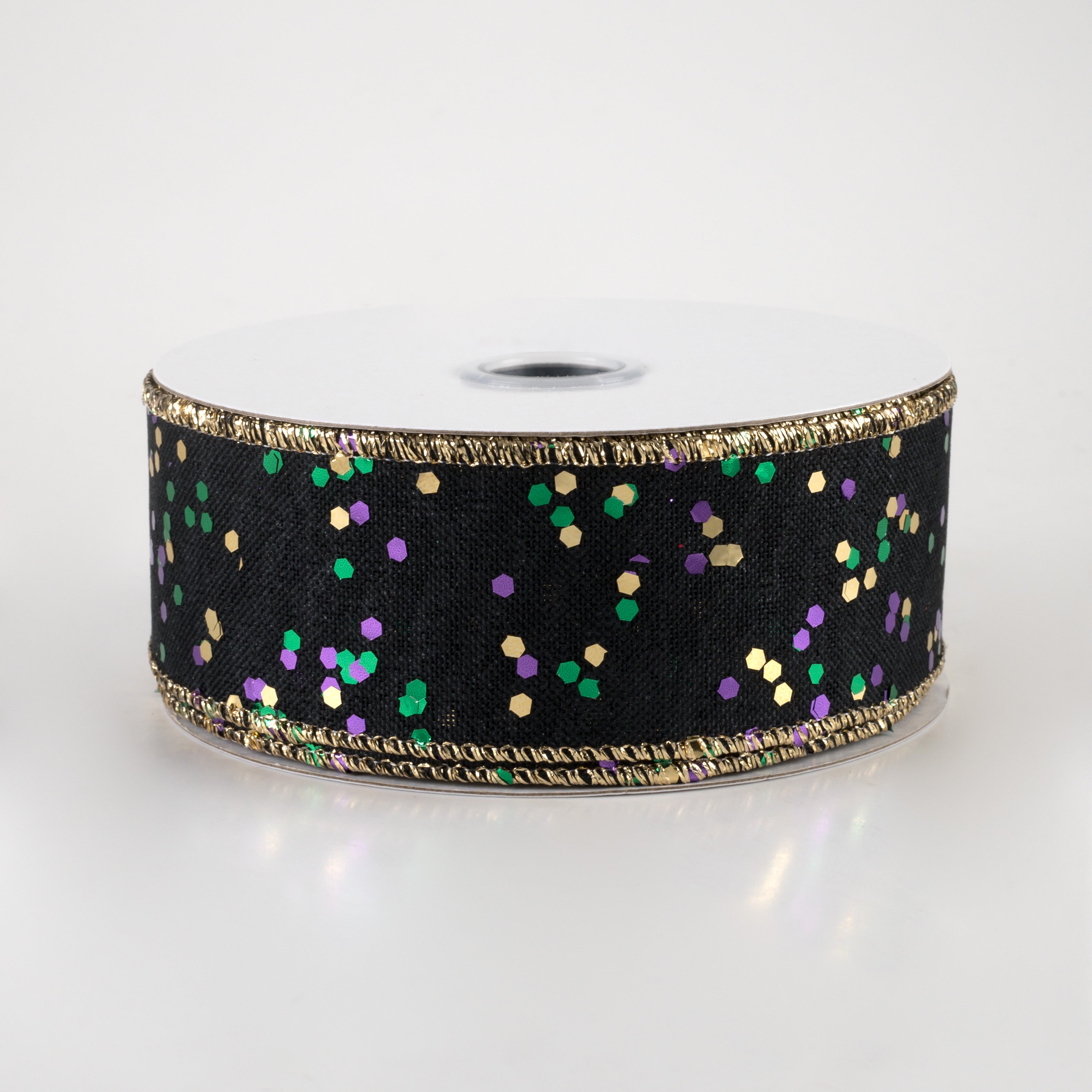 1.5" Sprinkled Hex Glitter Ribbon: Mardi Gras on Black (10 Yards)