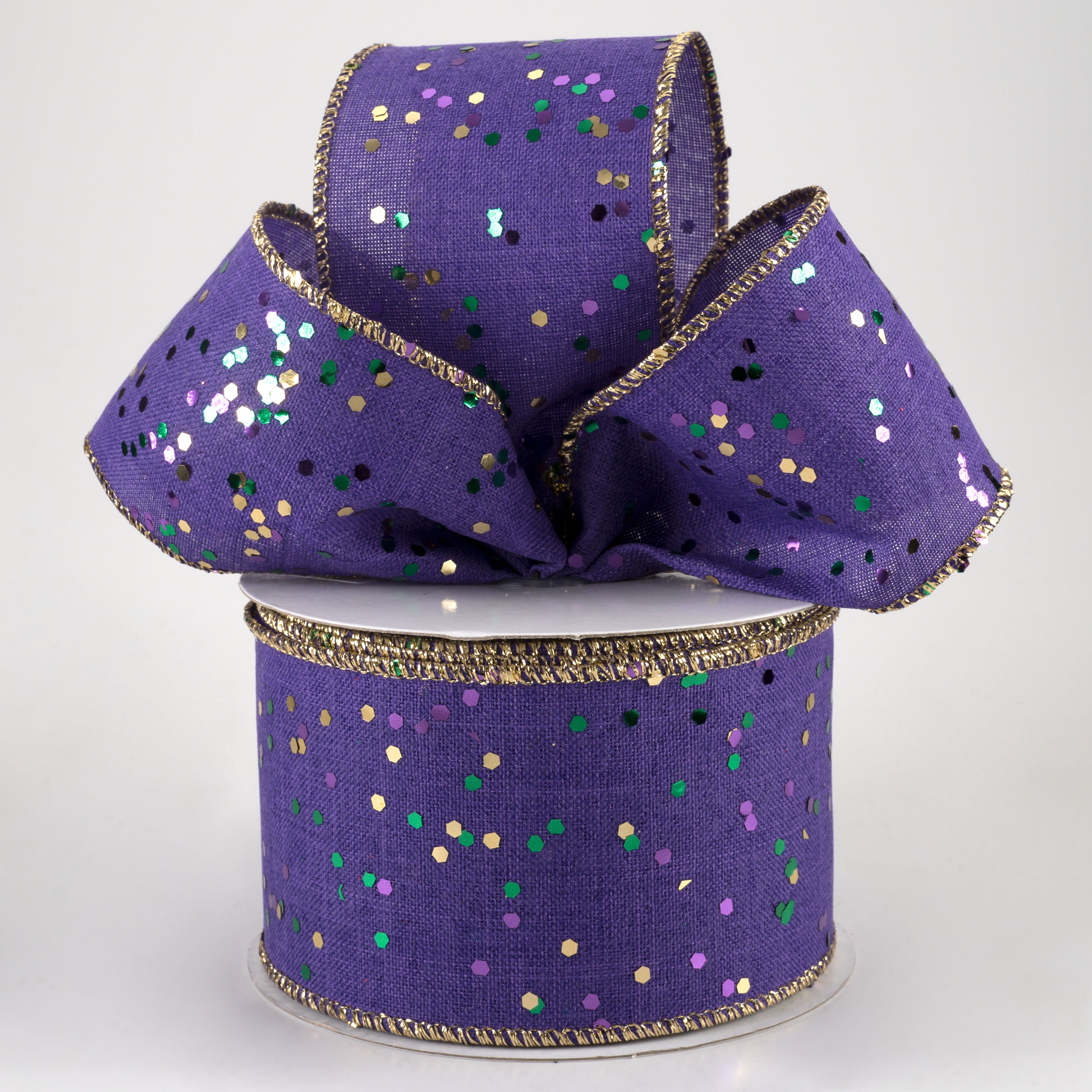 2.5" Sprinkled Hex Glitter Ribbon: Mardi Gras on Purple (10 Yards) Lifestyle Photo