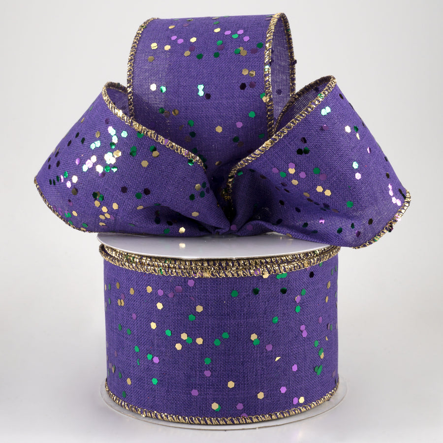 2.5" Sprinkled Hex Glitter Ribbon: Mardi Gras on Purple (10 Yards) Lifestyle Photo