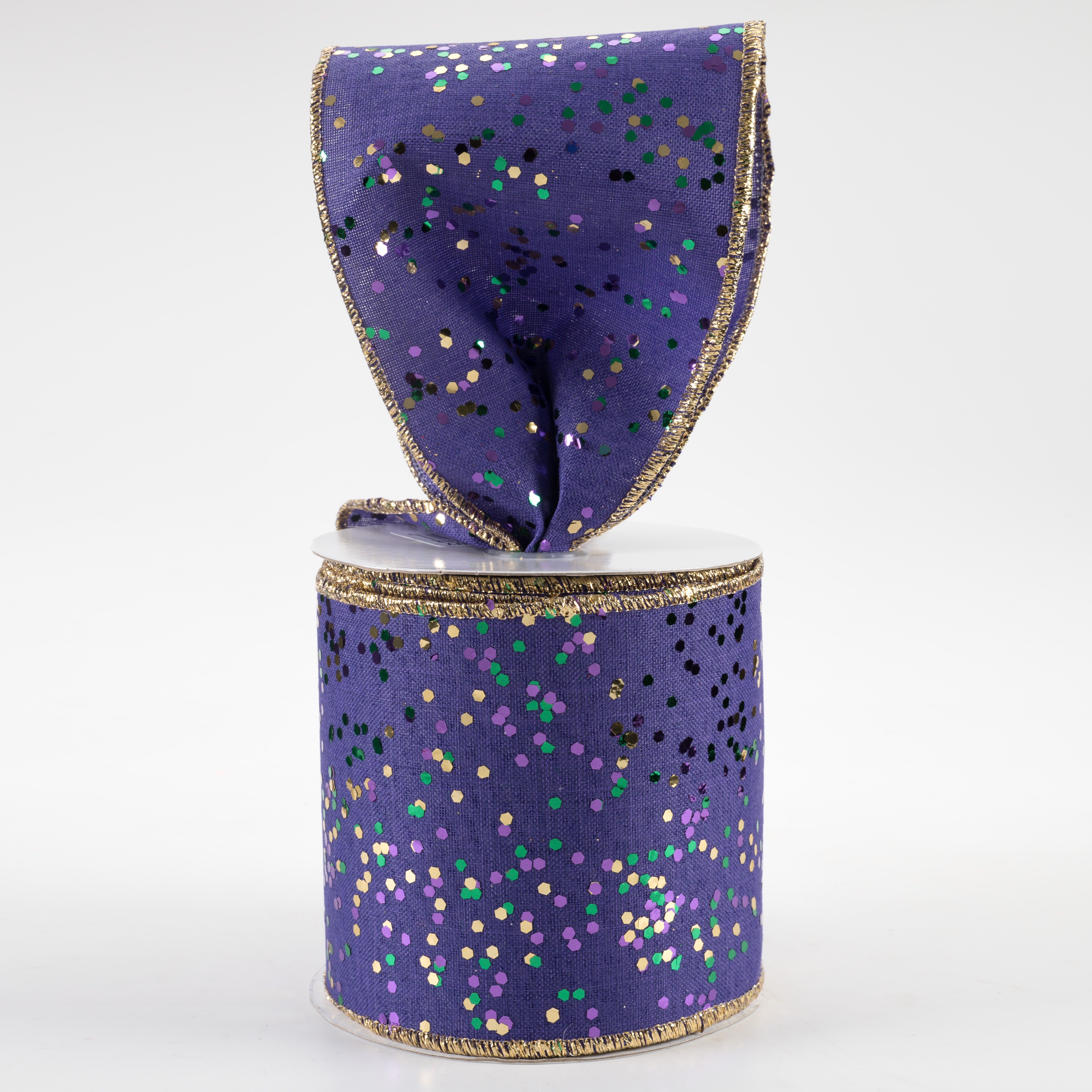 4" Sprinkled Hex Glitter Ribbon: Mardi Gras on Purple (10 Yards) Lifestyle Photo