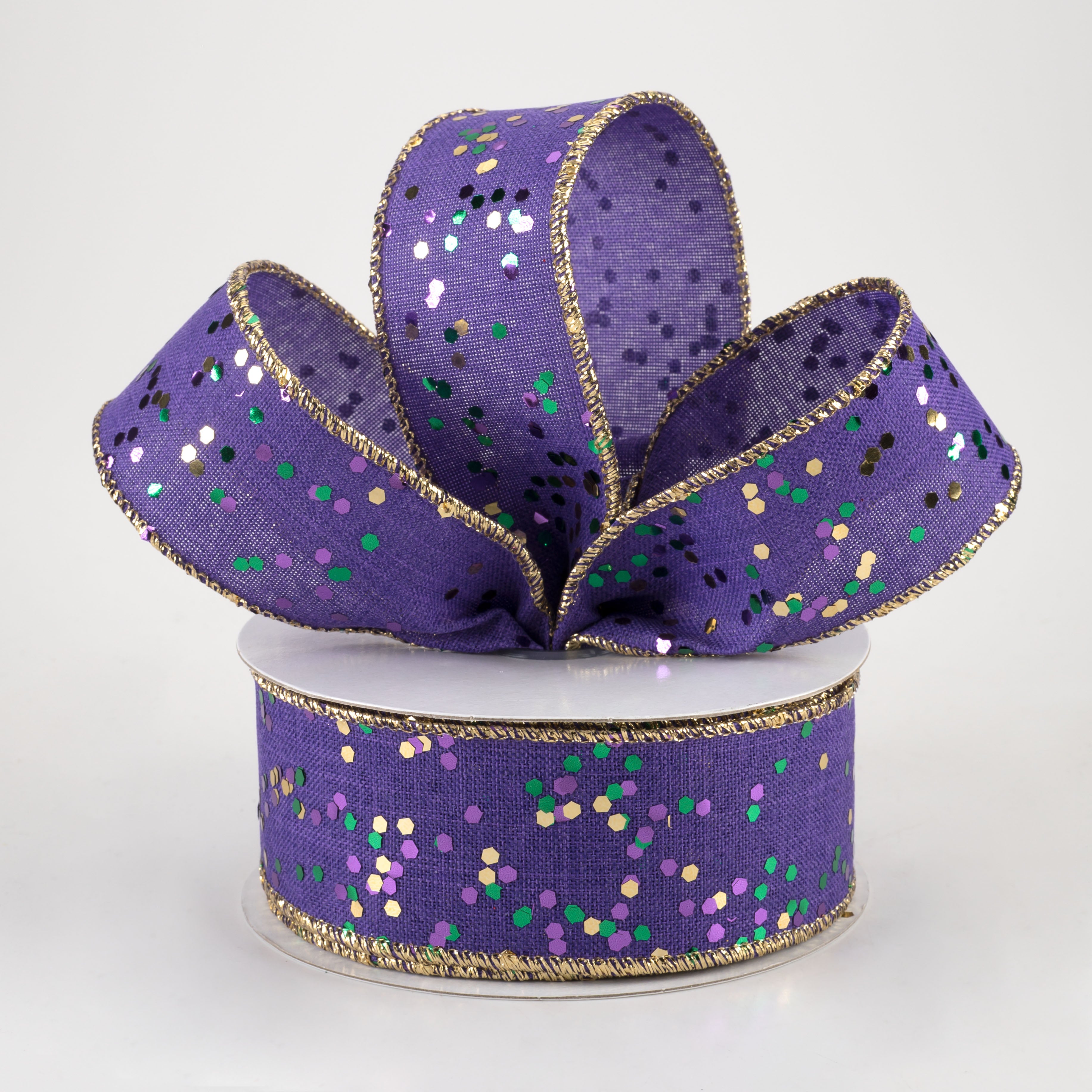 1.5" Sprinkled Hex Glitter Ribbon: Mardi Gras on Purple (10 Yards) Lifestyle Photo