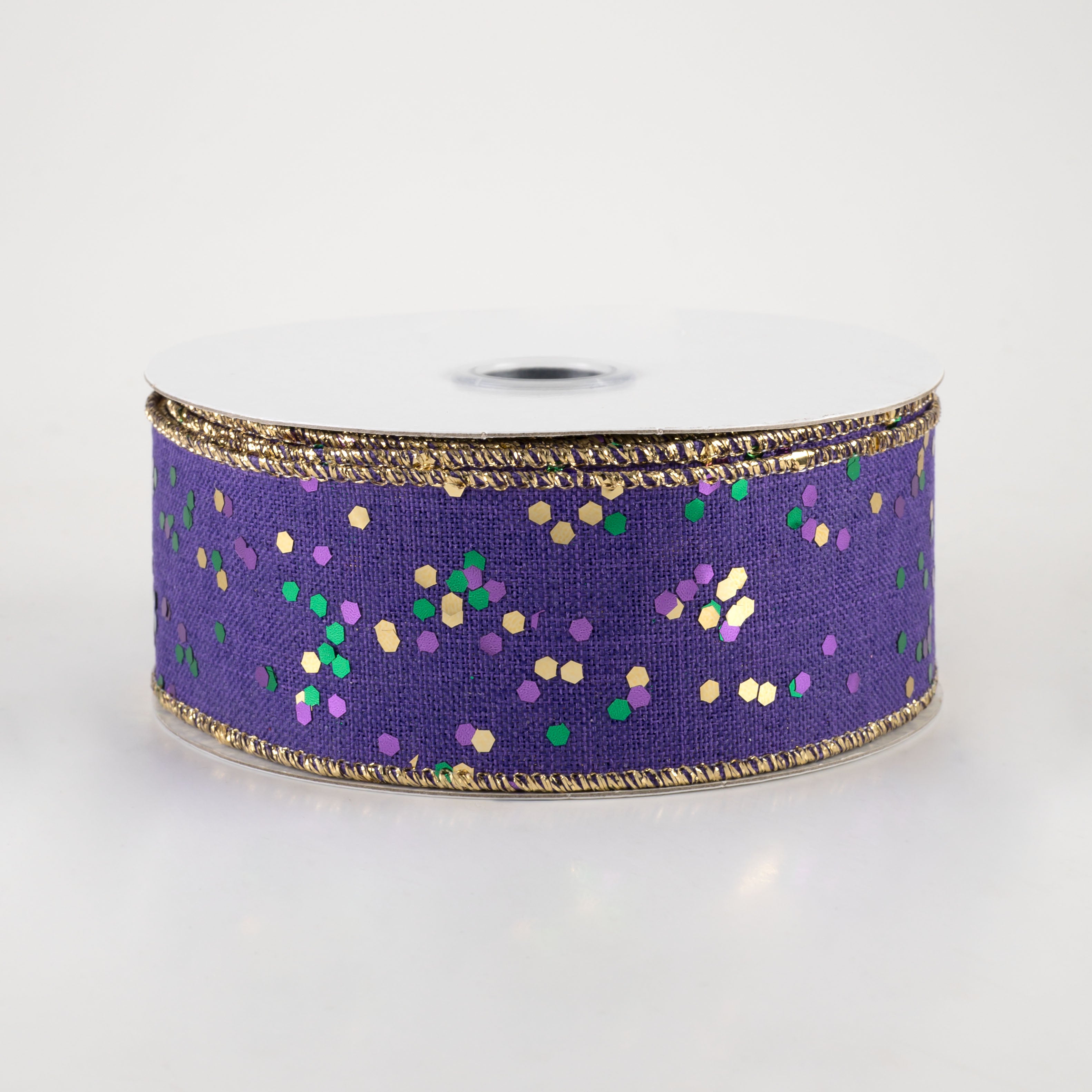 1.5" Sprinkled Hex Glitter Ribbon: Mardi Gras on Purple (10 Yards)