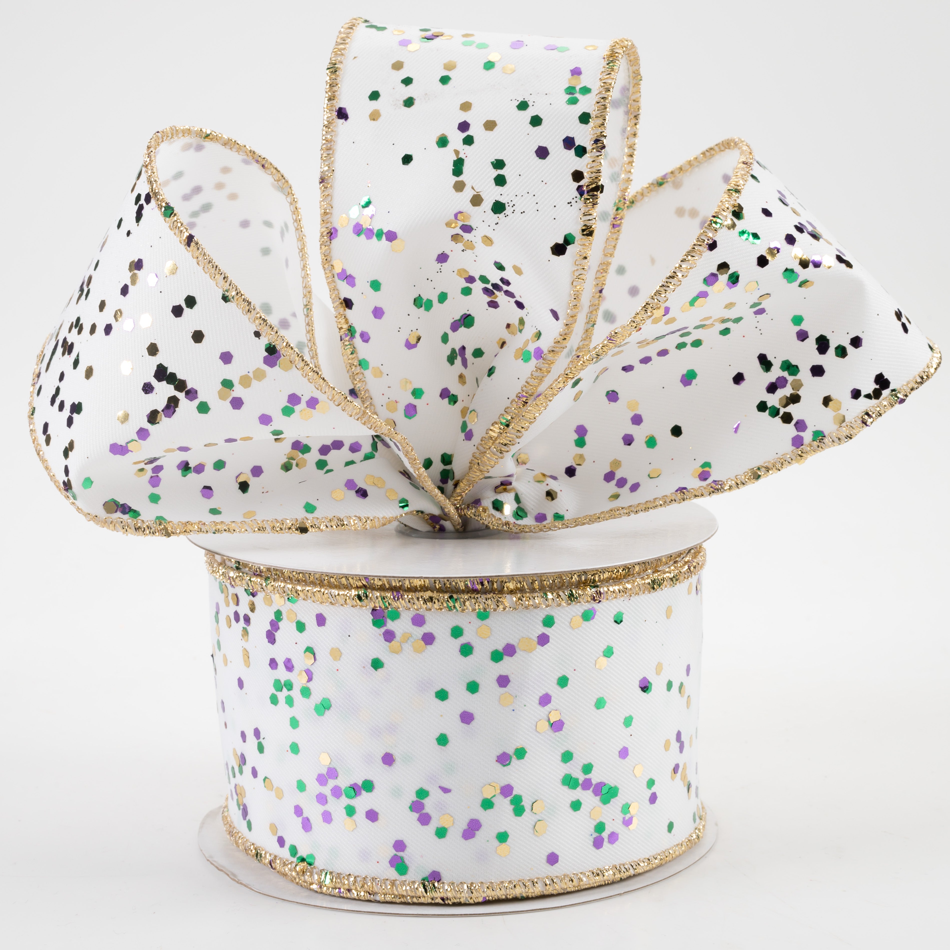 2.5" Sprinkled Hex Glitter Ribbon: Mardi Gras on White (10 Yards) Lifestyle Photo