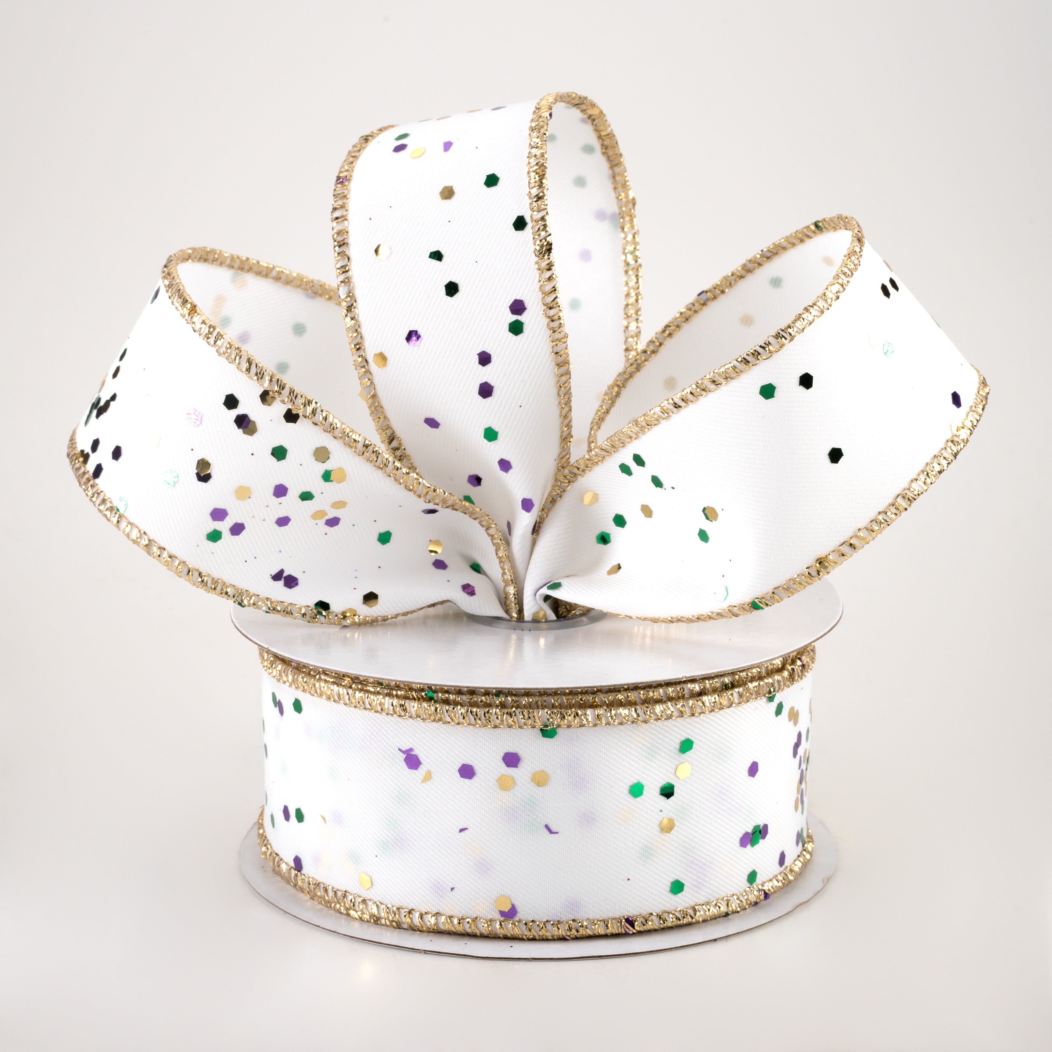 1.5" Sprinkled Hex Glitter Ribbon: Mardi Gras on White (10 Yards) Lifestyle Photo