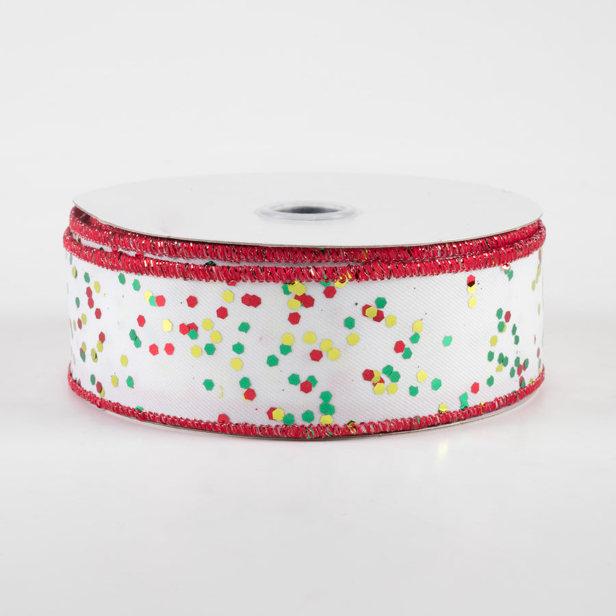 1.5" Sprinkled Hex Glitter Ribbon: White, Red, Emerald, Lime (10 Yards)