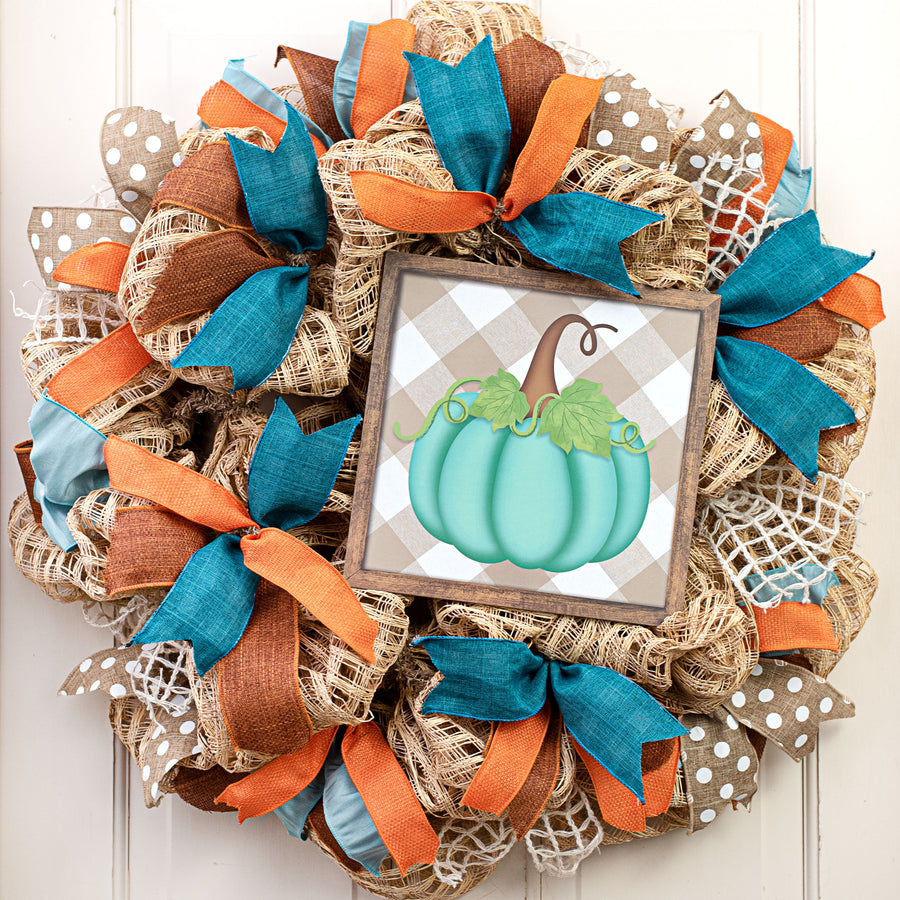10" Square Short Pumpkin Check Sign: Beige & Teal Lifestyle Photo