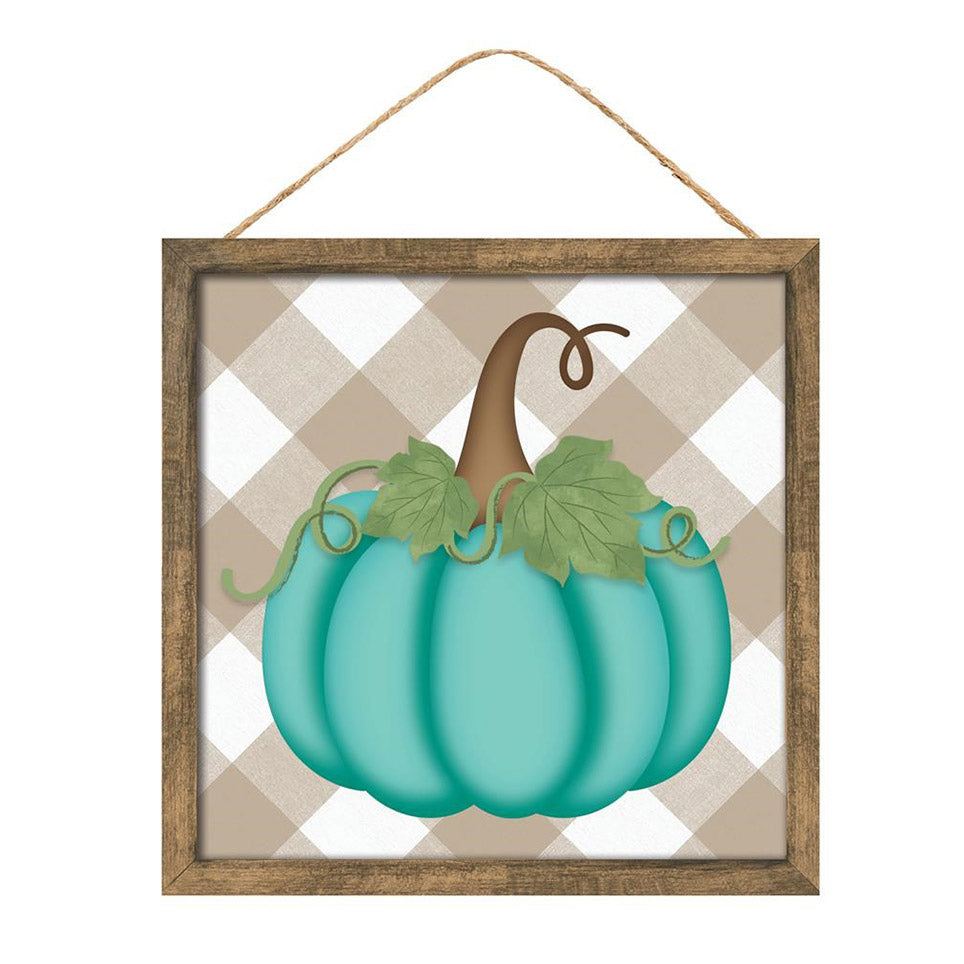 10" Square Short Pumpkin Check Sign: Beige & Teal Item Number: AP714793