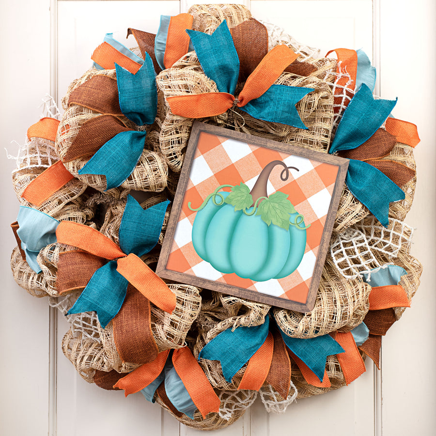 10" Square Short Pumpkin Check Sign: Orange & Teal Lifestyle Photo