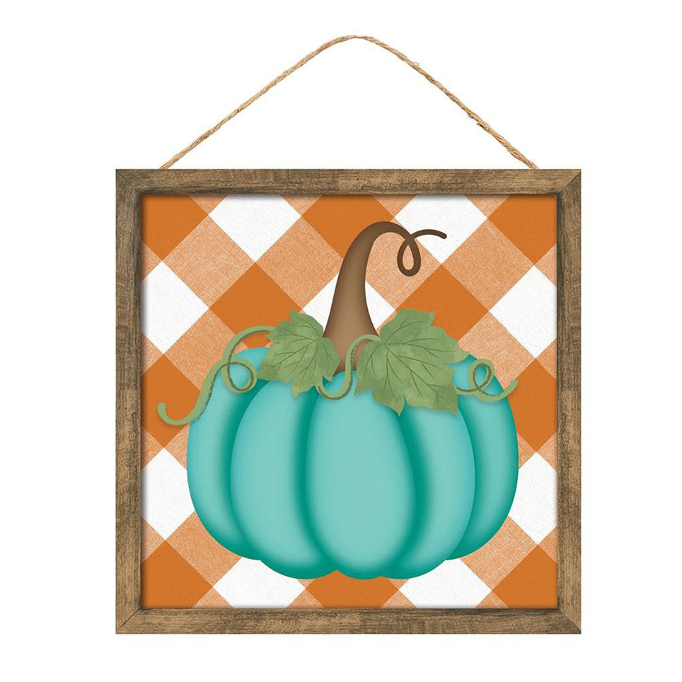10" Square Short Pumpkin Check Sign: Orange & Teal Item Number: AP714792