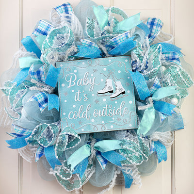 10" Square Wooden Sign: Baby It's Cold Outside Ice Skates Lifestyle Photo