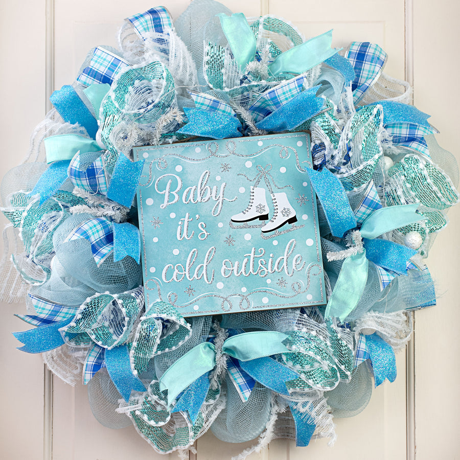 10" Square Wooden Sign: Baby It's Cold Outside Ice Skates Lifestyle Photo