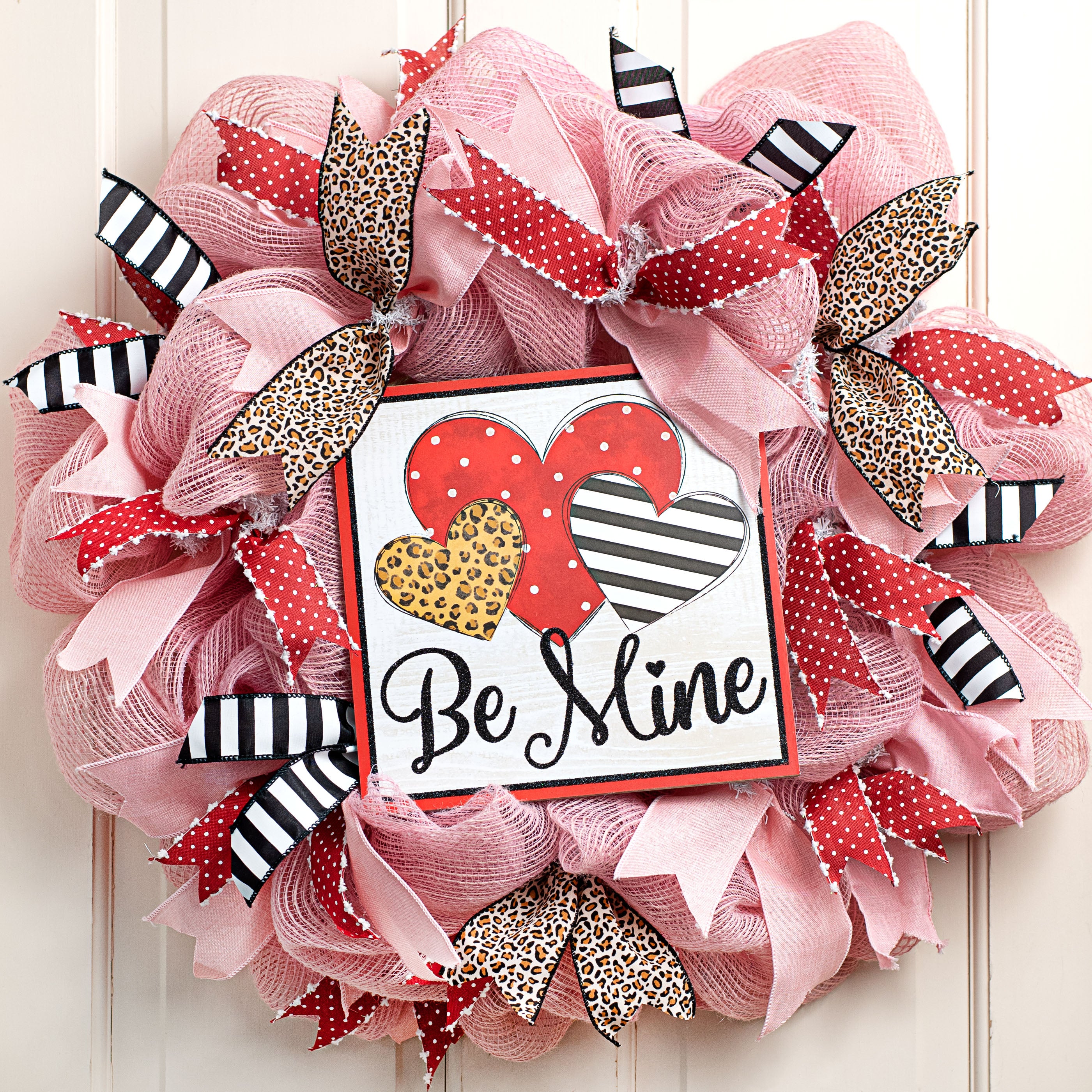 10" Square Wooden Sign: Be Mine Cheetah Patterned Hearts Lifestyle Photo