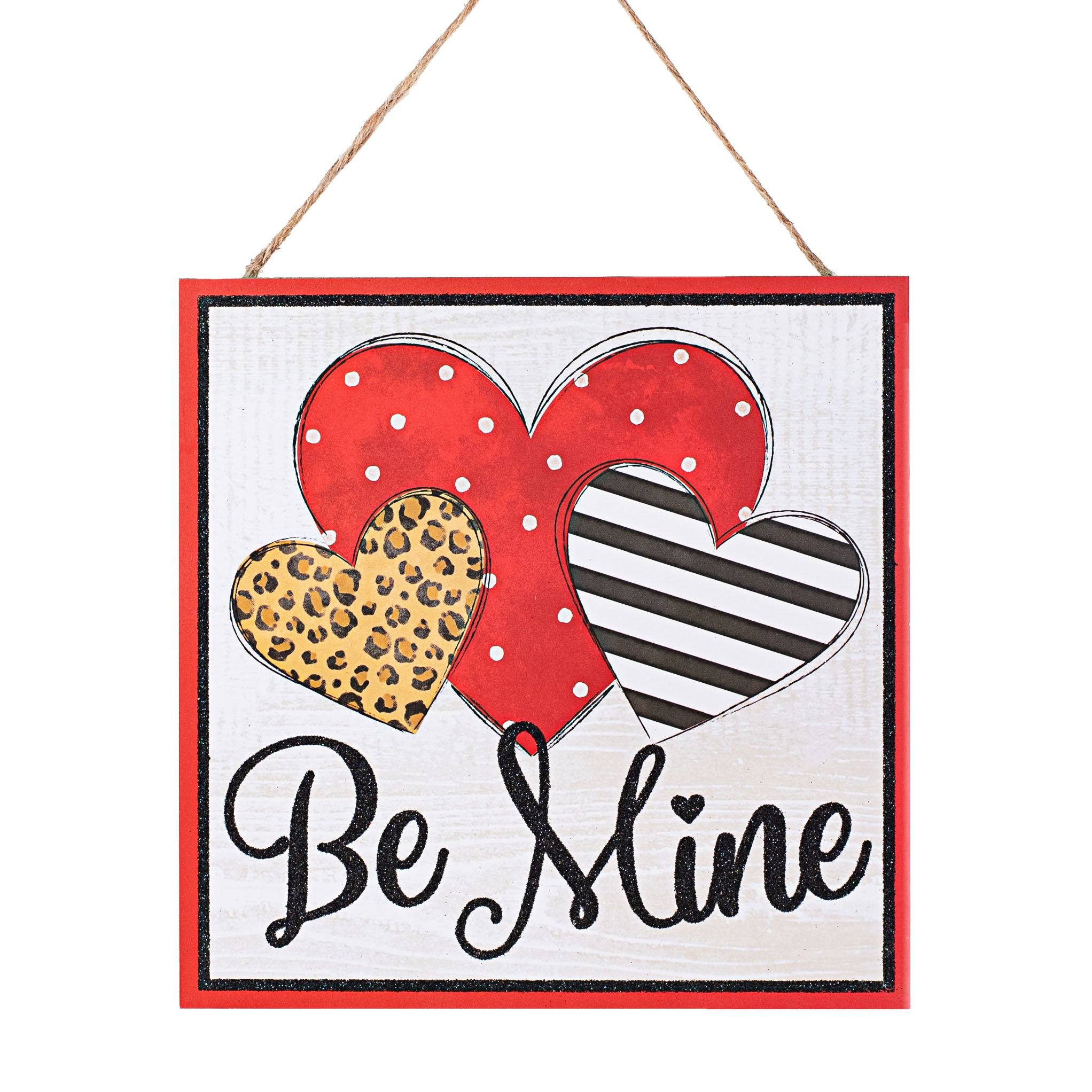 10" Square Wooden Sign: Be Mine Cheetah Patterned Hearts Item Number: AP8990