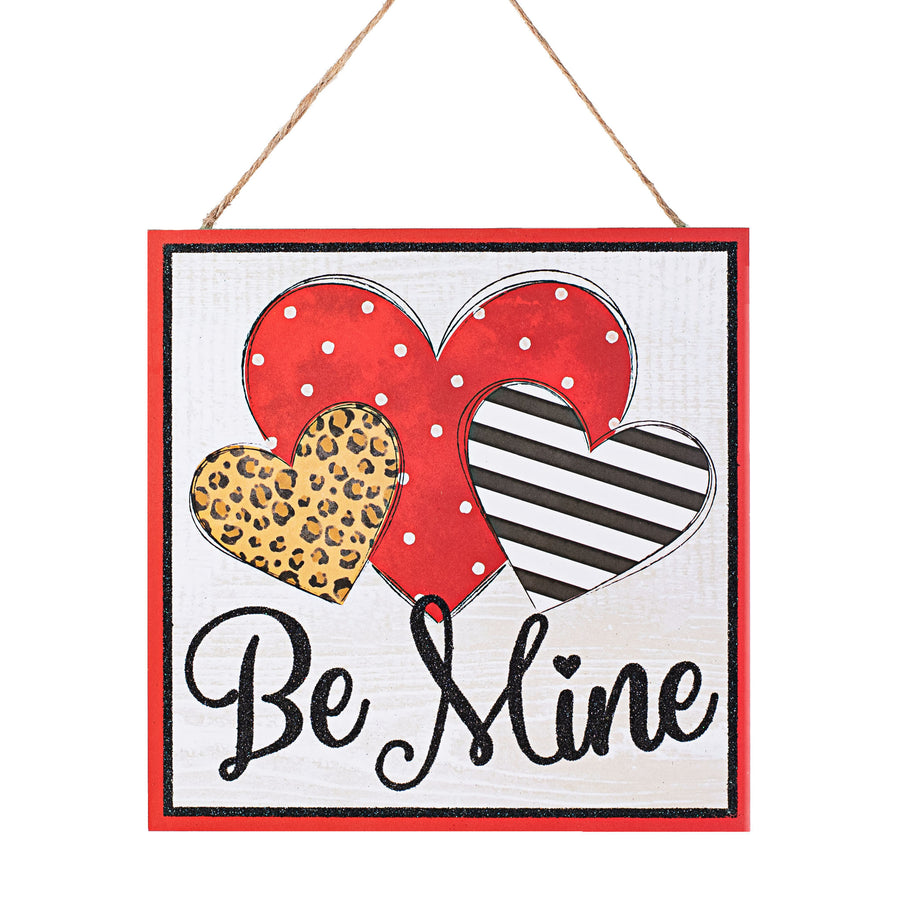 10" Square Wooden Sign: Be Mine Cheetah Patterned Hearts Item Number: AP8990