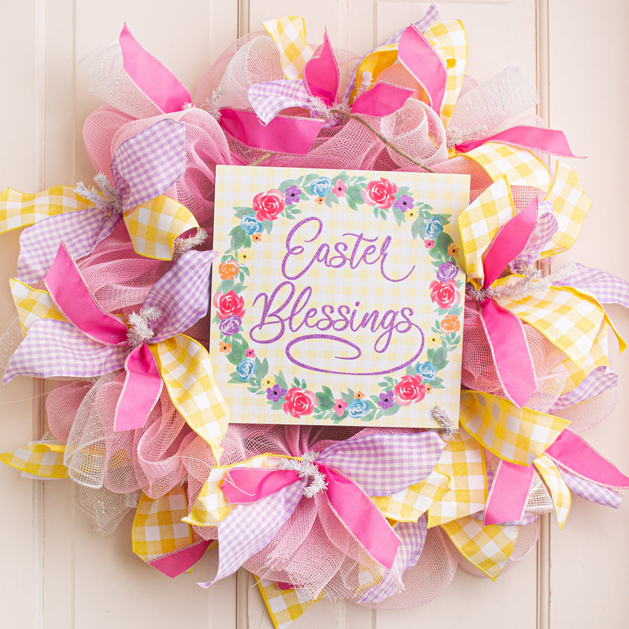 10" Square Wooden Sign: Easter Blessings Floral Wreath Lifestyle Photo