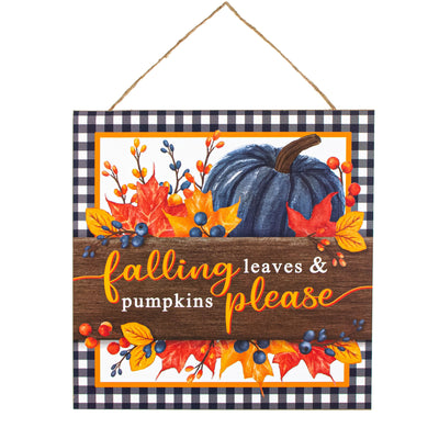 10" Square Wooden Sign: Falling Leaves & Pumpkins Please Item Number: AP7216