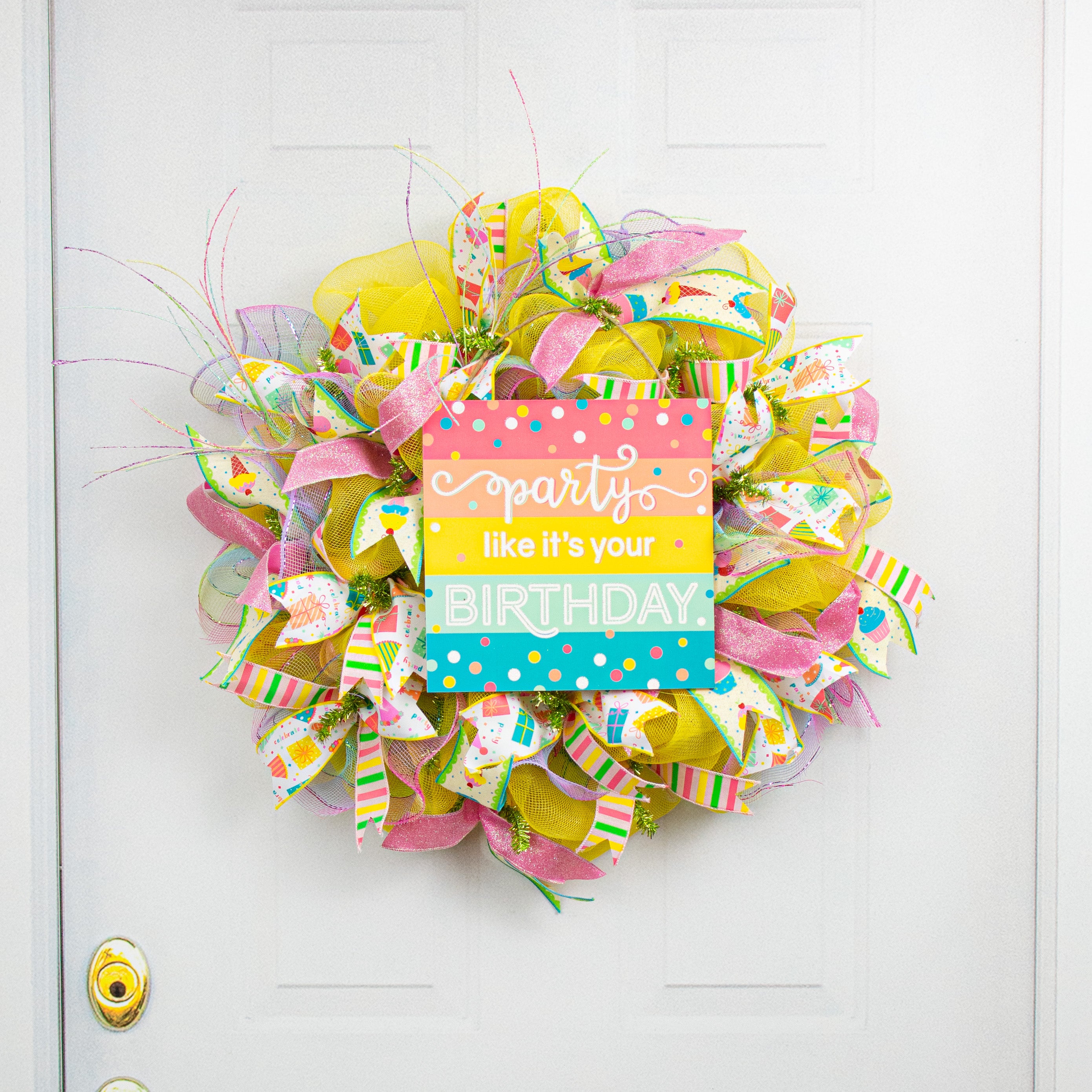 10" Square Wooden Sign: Glitter Birthday Party Peach, Teal, Pink Lifestyle Photo