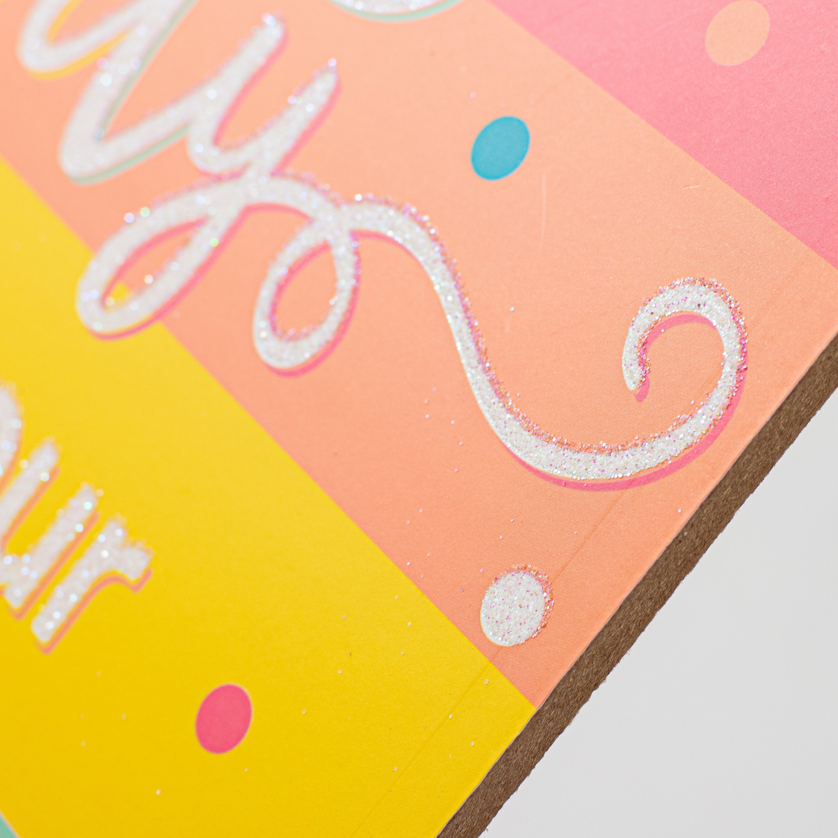 10" Square Wooden Sign: Glitter Birthday Party Peach, Teal, Pink detail photo 4