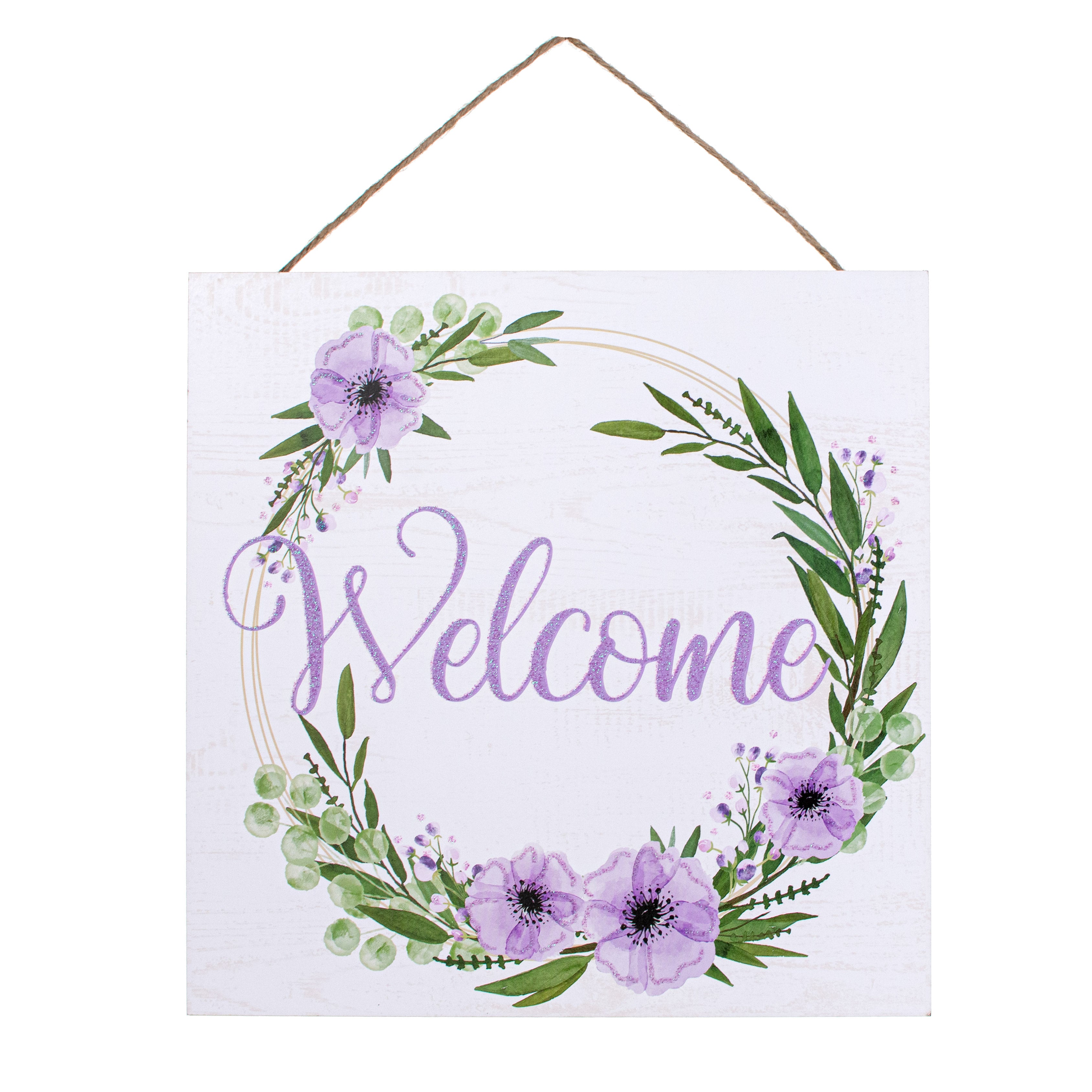 10" Square Wooden Sign: Glitter Welcome Floral Wreath White & Lavender Item Number: AP889213