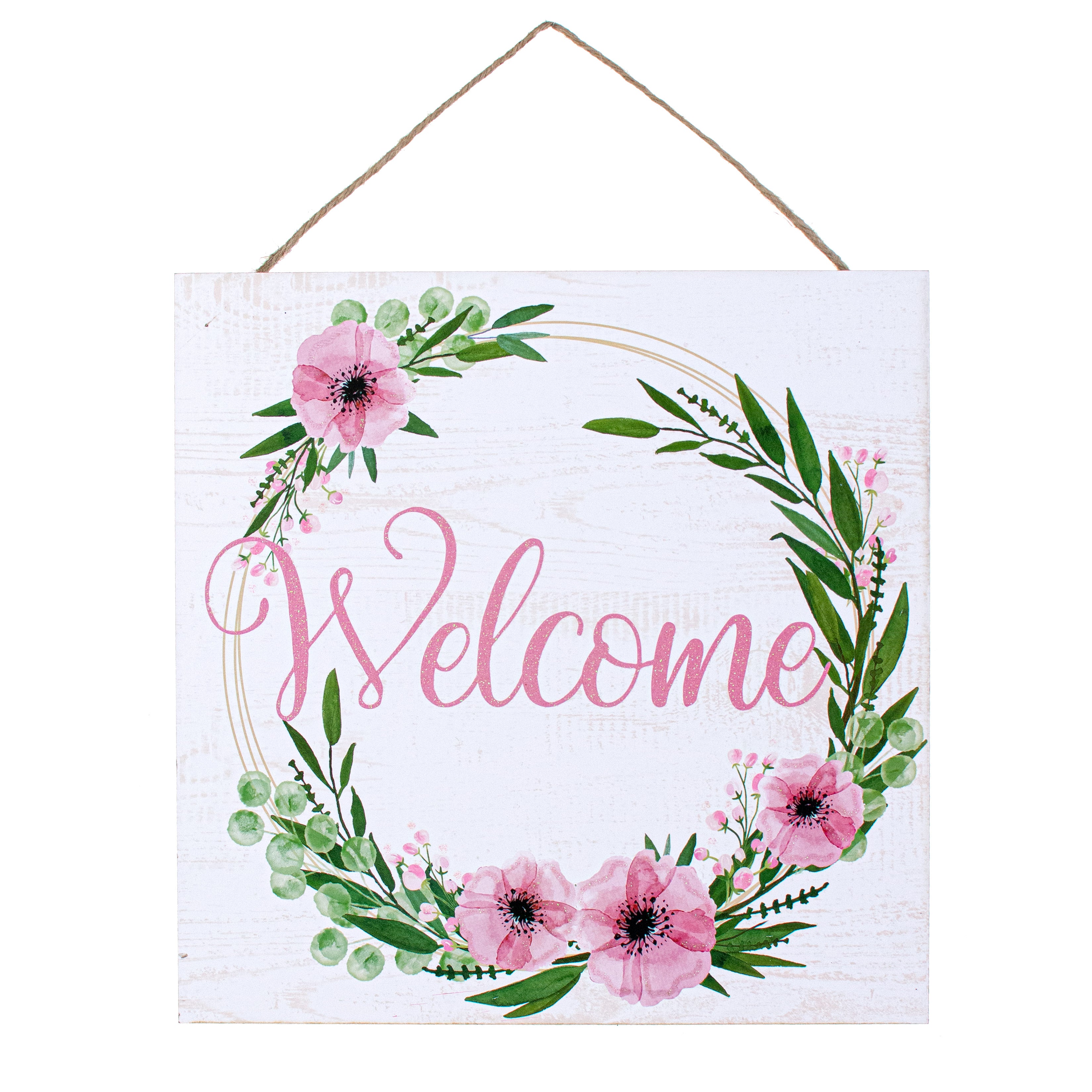 10" Square Wooden Sign: Glitter Welcome Floral Wreath White & Pink Item Number: AP889215