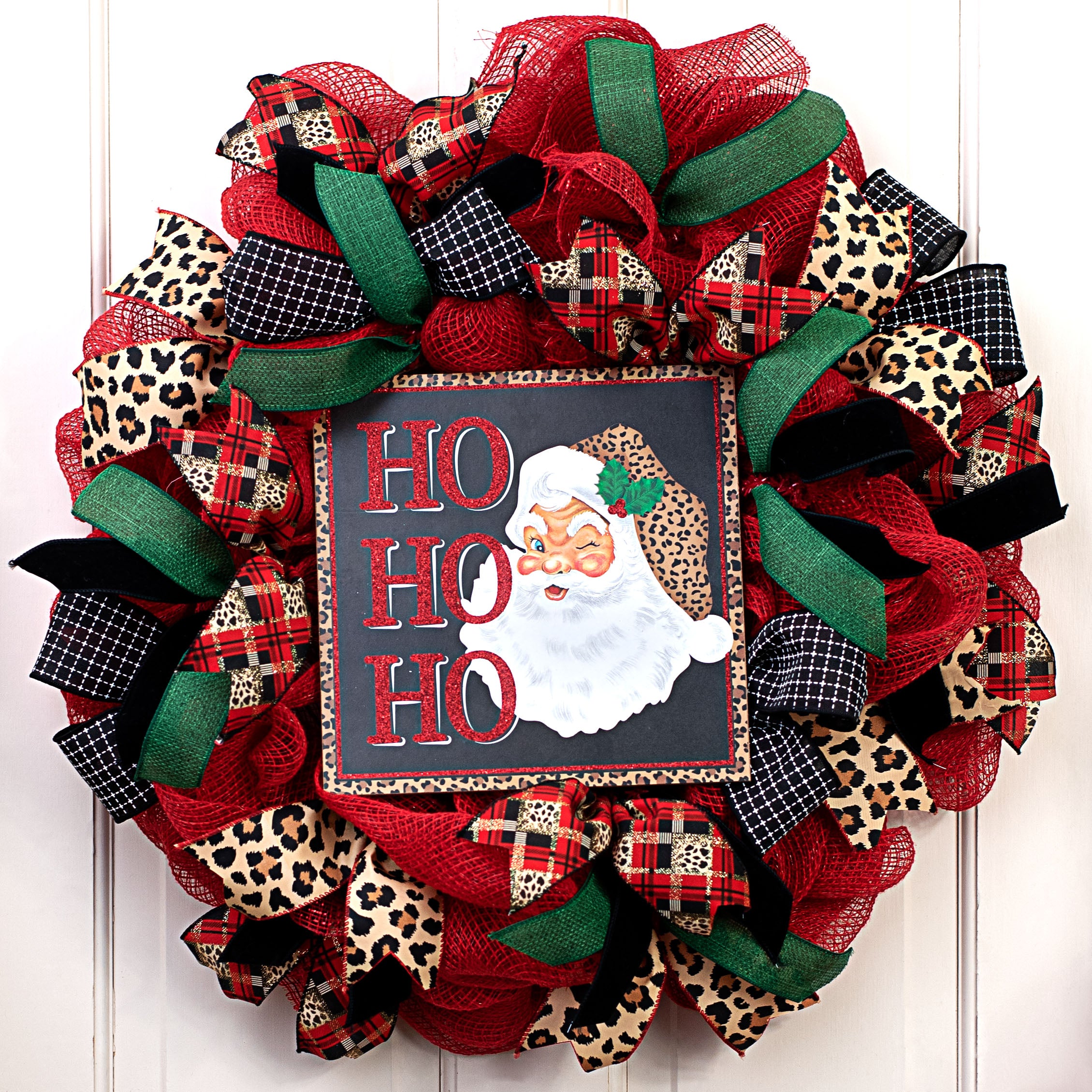 10" Square Wooden Sign: Ho Ho Ho Leopard Santa Lifestyle Photo