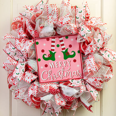 10" Square Wooden Sign: Light Pink Glitter Christmas Elf Lifestyle Photo
