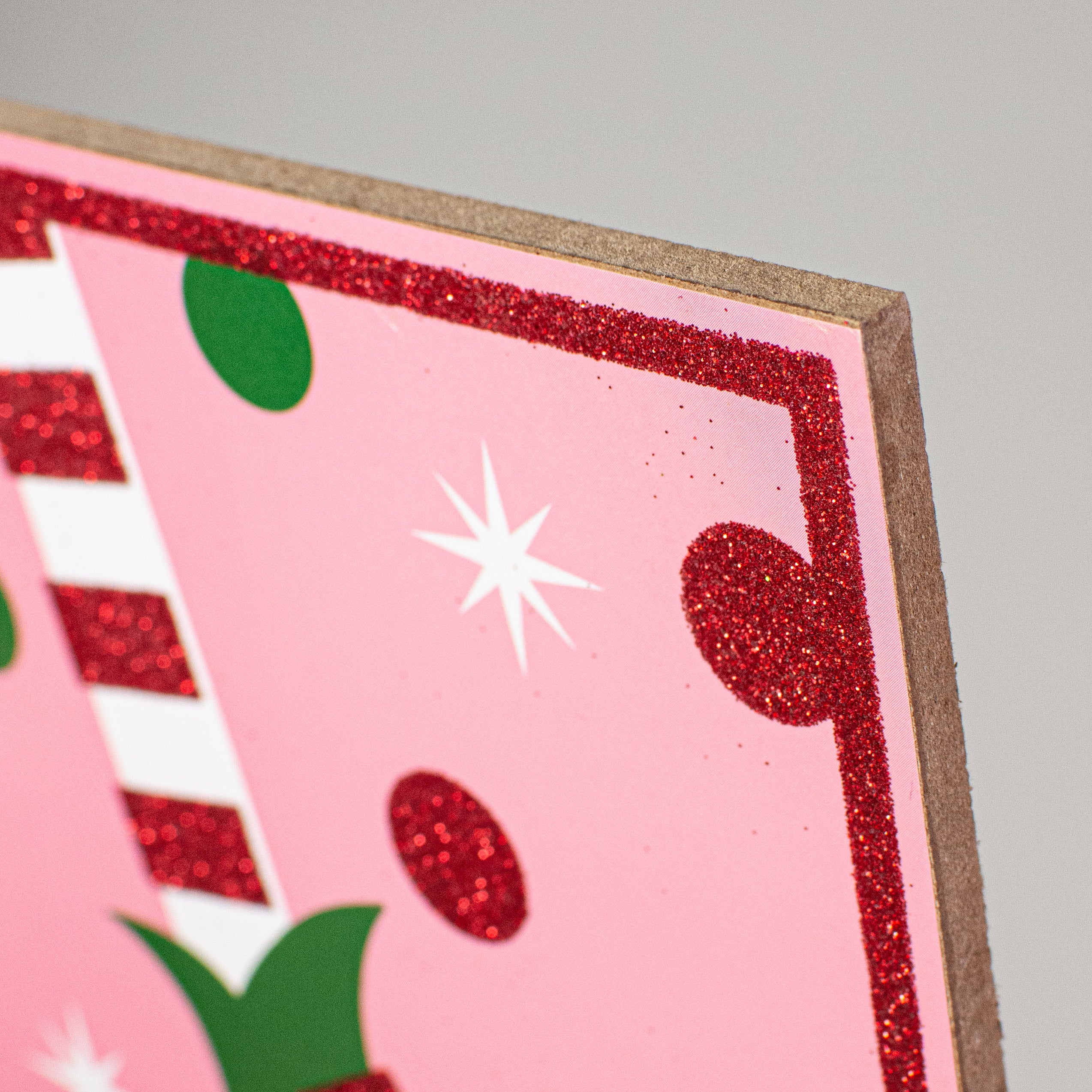 10" Square Wooden Sign: Light Pink Glitter Christmas Elf detail photo 3